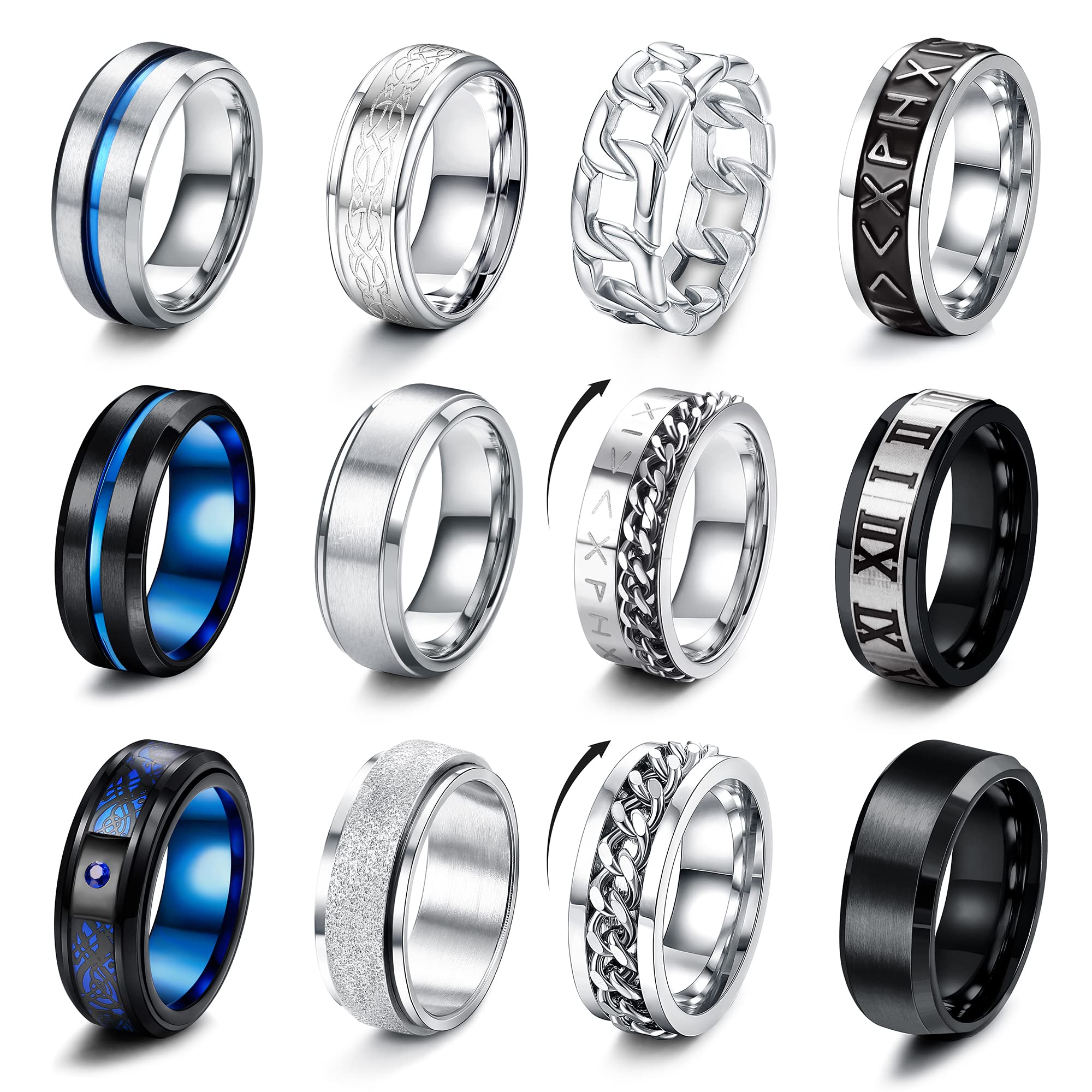 LOLIAS 12 Piezas Anillos Hombre Plata Negro Acero Inoxidable Acabado Mate Anillo Cadena Banda Pulido Abrebotellas Anillos Alianzas Boda Anillo Compromiso Vintage Anillo para Hombre Mujere