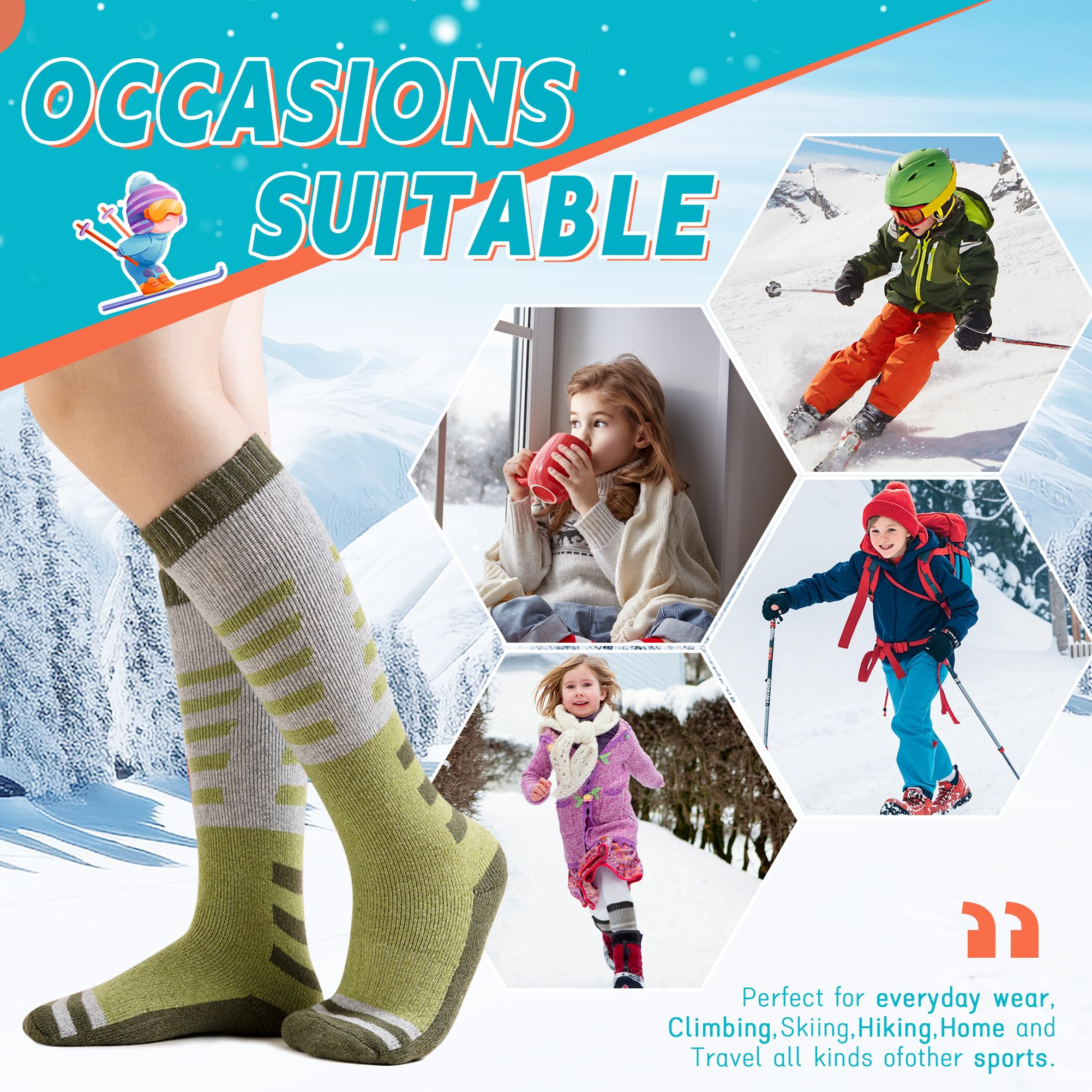Velice Calcetines de esquí de lana merino para niños, 3 pares, térmicos, gruesos, cálidos, para invierno, para esquí, snowboard