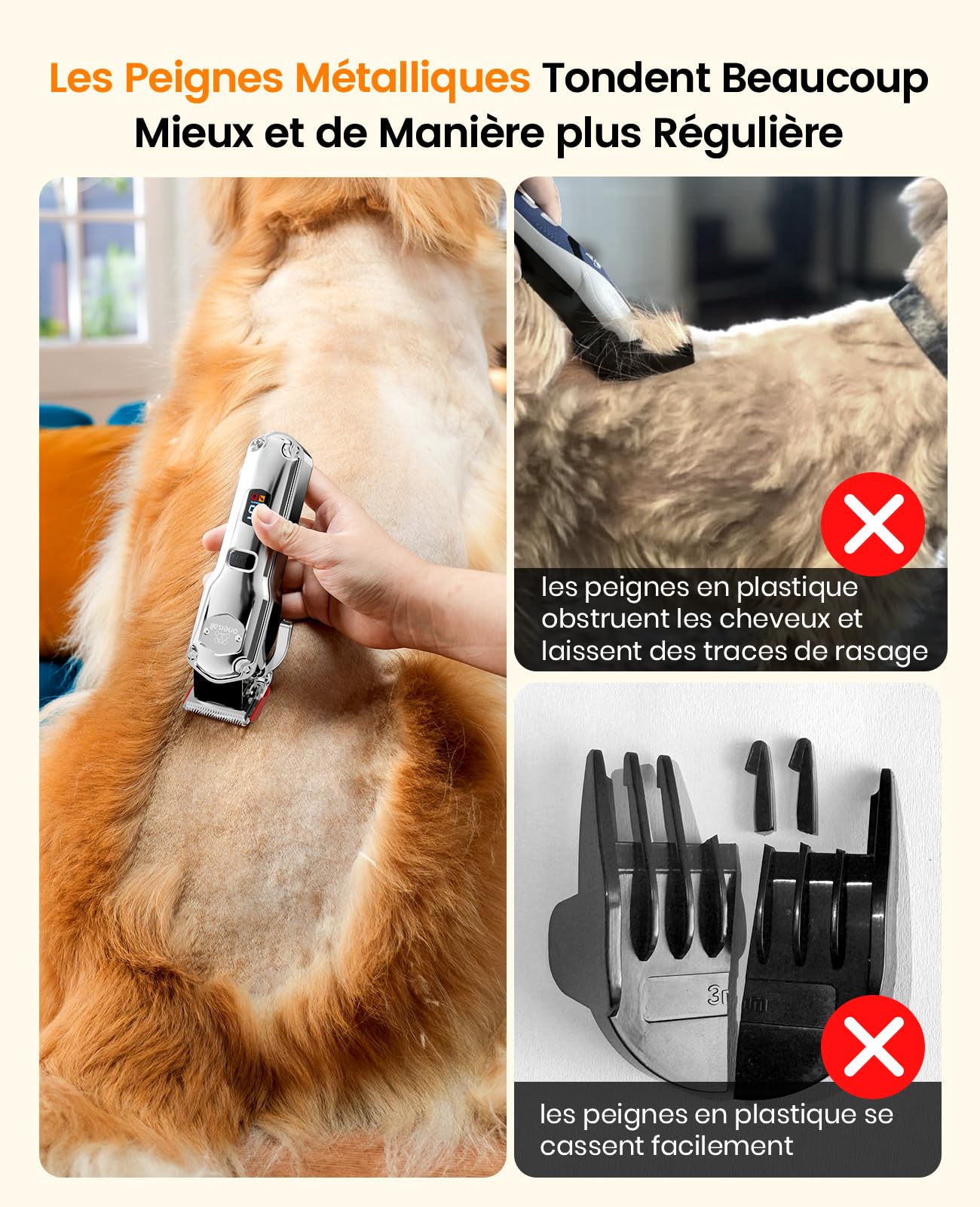 Oneisall Tondeuse pour Chien Silencieuse avec Peignes de Guidage en Métal, Tondeuse Chien Professionnelle sans Fil, Hautes Performances pour Poils Épais/Frisés/Fins/Longs/Ondulés (Argent)