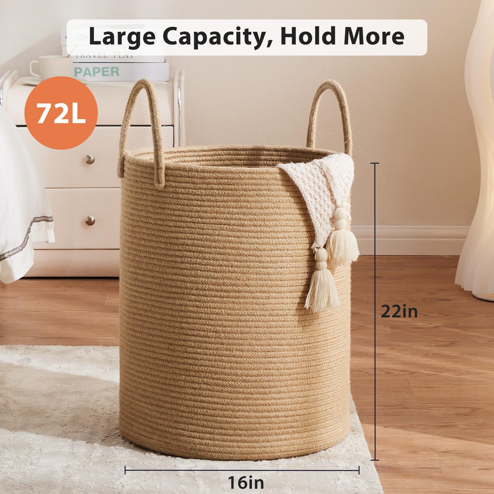 72L Large Woven Laundry Hamper by Fiona's magic, Tall Cotton Rope Storage Basket, Jute Baby Nursery Hamper for Blankets, Toys and Clothes in Bedroom and Living Room Organizing, Jute