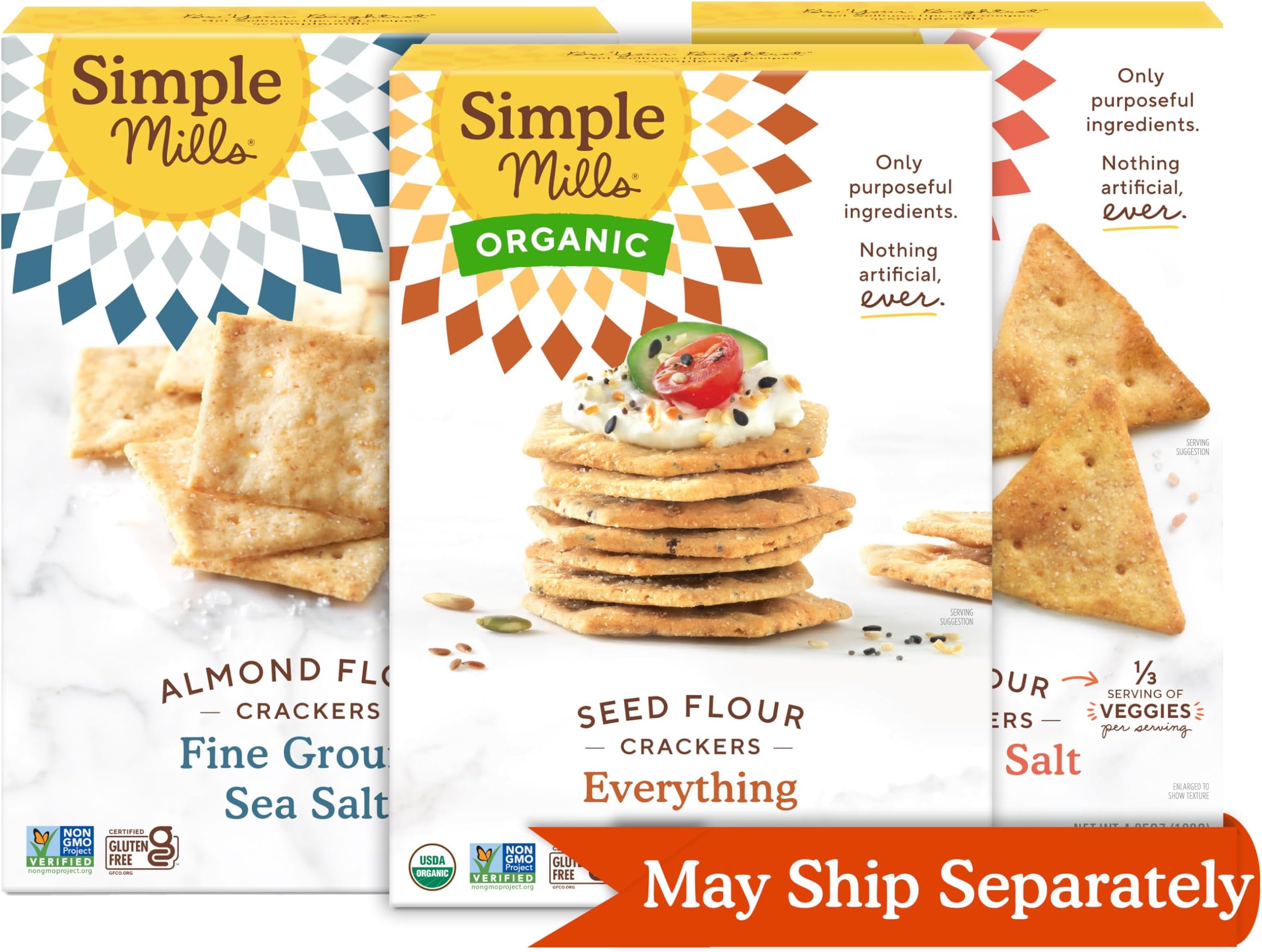 Simple Mills Almond Flour Crackers Fine Ground Sea Salt, Organic Seed Crackers Everything, and Veggie Pita Crackers Himalayan Sea Salt (Pack of 3)