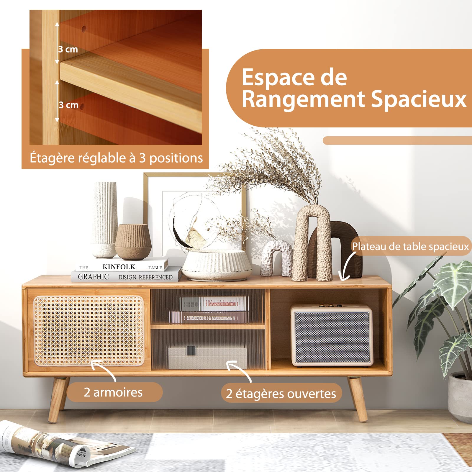 Ovale tv-kast met 2 schuifdeuren en 1 rotan lade - 180 x 40 x 40 cm