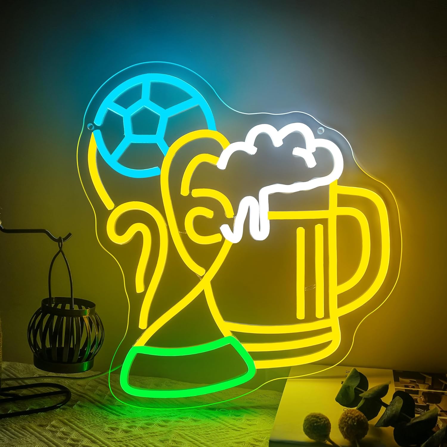 Soccer Beer Neon Sign, Dimmable Football LED Neon Light for Fans, Sports Themed Neon Light Signs for Man Cave Boys Teen Home Bedroom Playroom College Dorm Club Birthday Party Decor