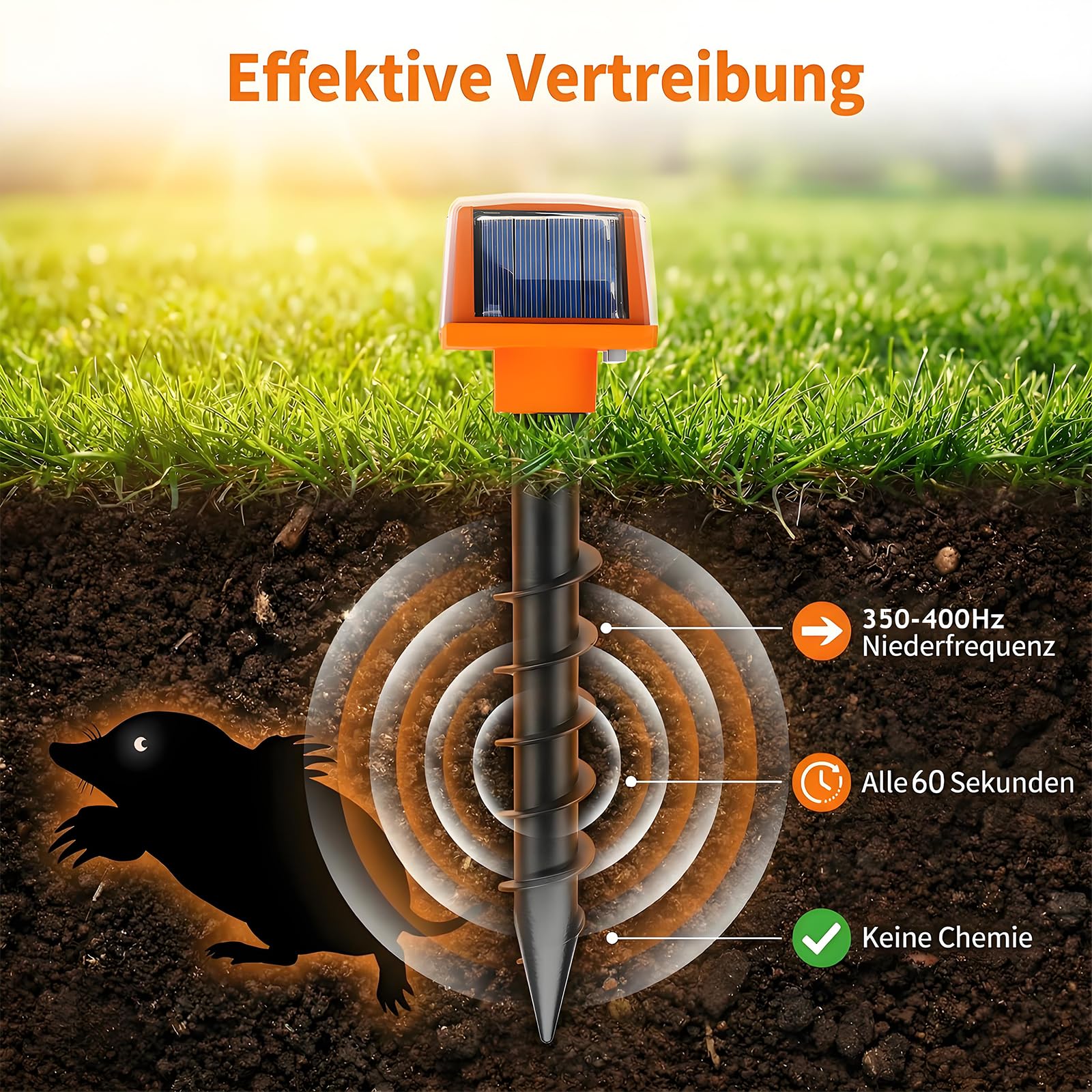 Maulwurf Vertreiber 2 Stück Maulwurfschreck Dual-Solar Maulwurfabwehr für Garten Wühlmausschreck IP54 Wasserdicht gegen Wühlmaus & Maulwurf
