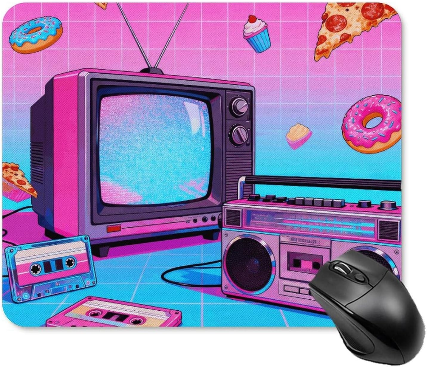 Retro Gadgets Collage Mouse Pad Square Computer Mousepad Stitched Edges Gaming Mouse Mat Waterproof Desk Mats for Home Office Dorm Desktop Decor Retro Gadgets Collage