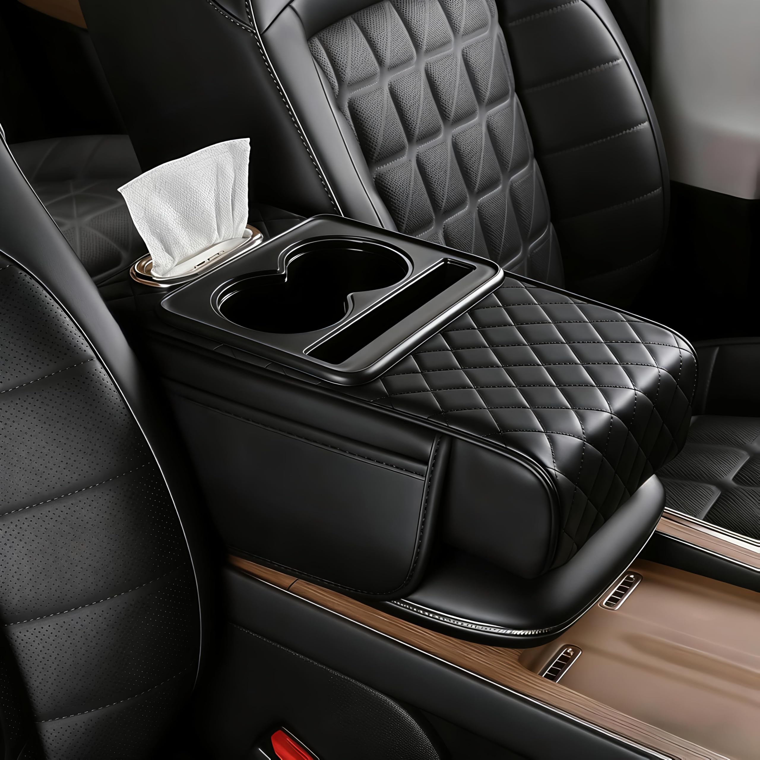 WENDOVER (1 Pieces) Premium Car Armrest Cushion Organizer, 5 in 1 Center Console Cover with 2 Cup Holders & Dual Storage Bags, PU Leather Heightened Armrest with Phone & Tissue Holder for Car Interior-image-32