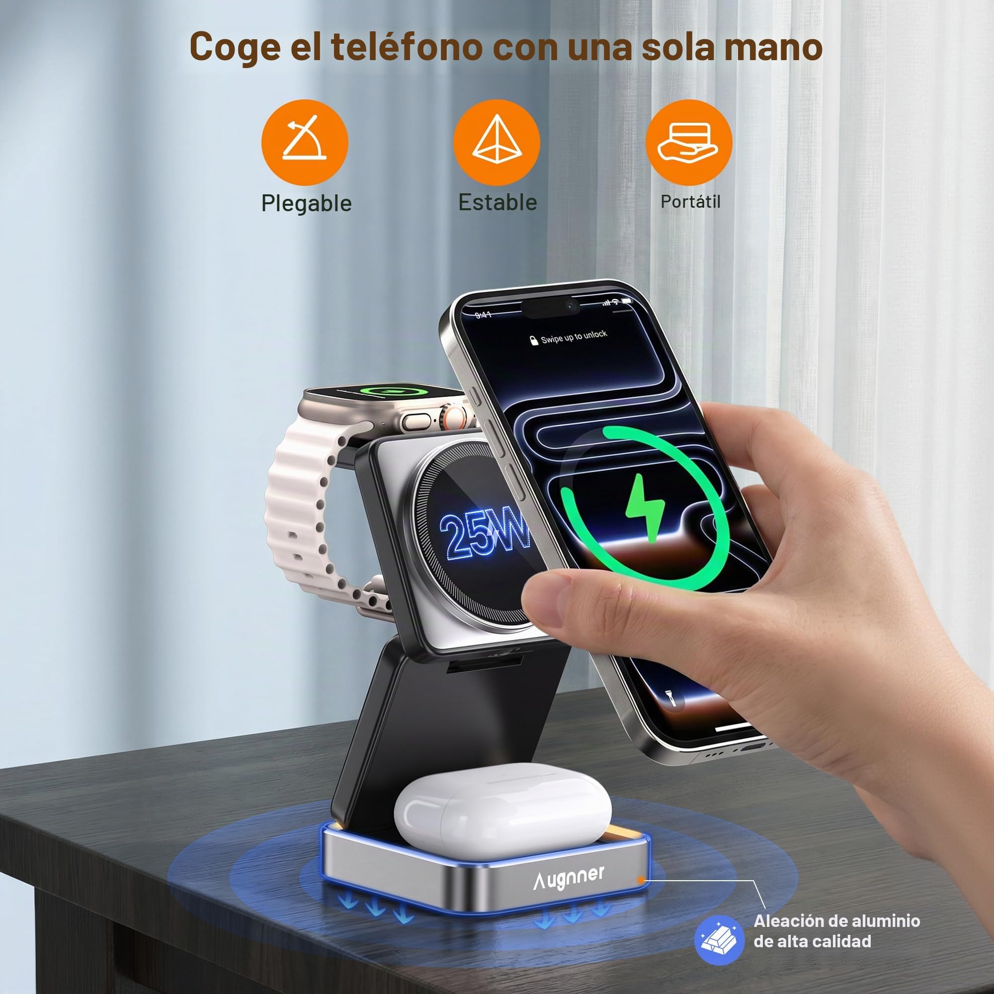 Estacion de Carga iPhone 25W, Plegable Cargador Inalámbrico Rapida para iPhone 17 16 15 14 13 12, 3 en 1 Base de Carga iPhone y iWatch, Soporte de Carga de Viaje con AirPods Pro con 45W Adaptador