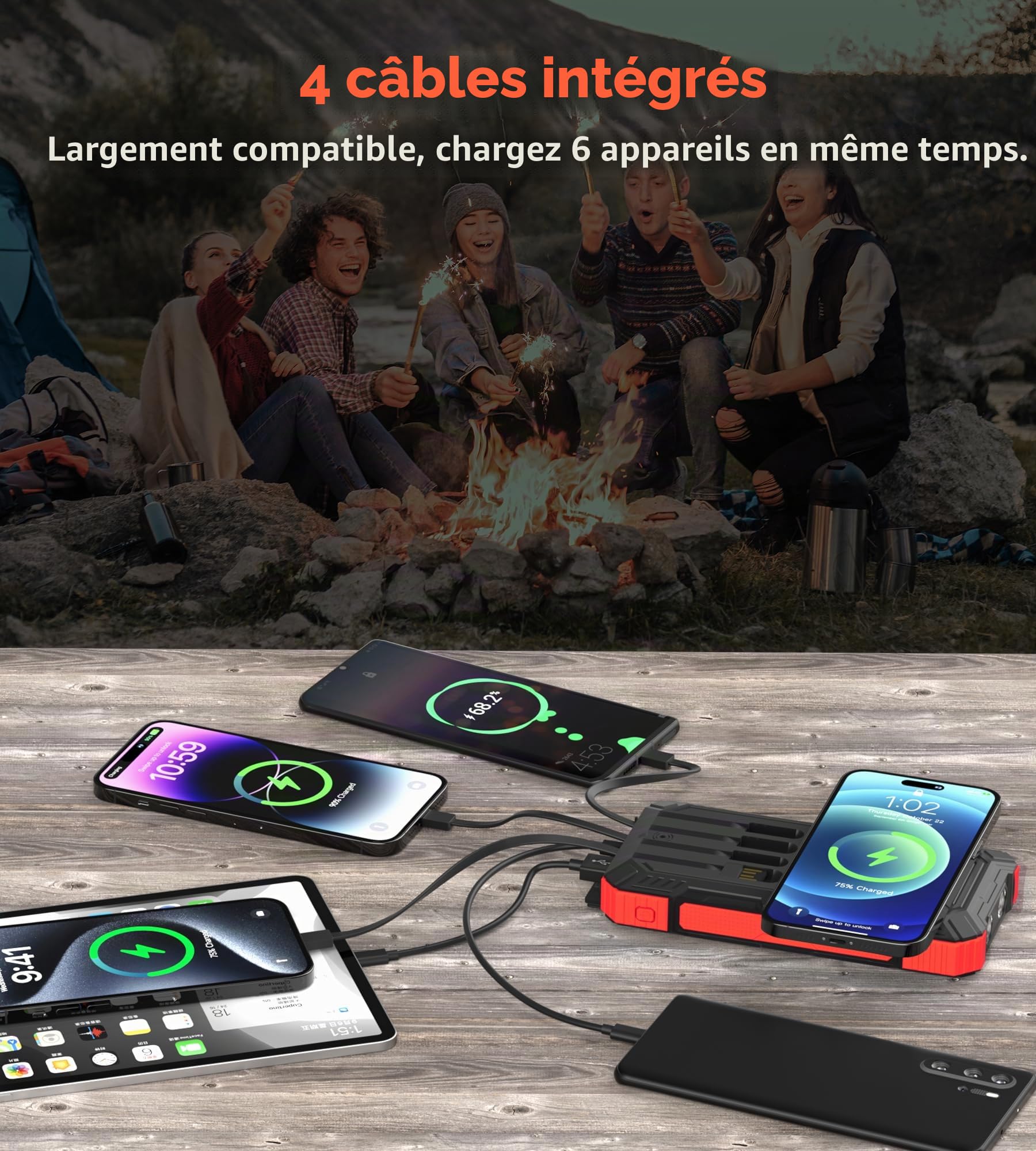 Batterie Externe Solaire 56800 mAh, Banque d'alimentation Solaire ExtéRieure éTanche LivréE avec 5 Sorties, 3 EntréEs, Lampe De Poche, Mousqueton, Boussole Qc 30 Et USB C Pd 20w pour TéLéPhones