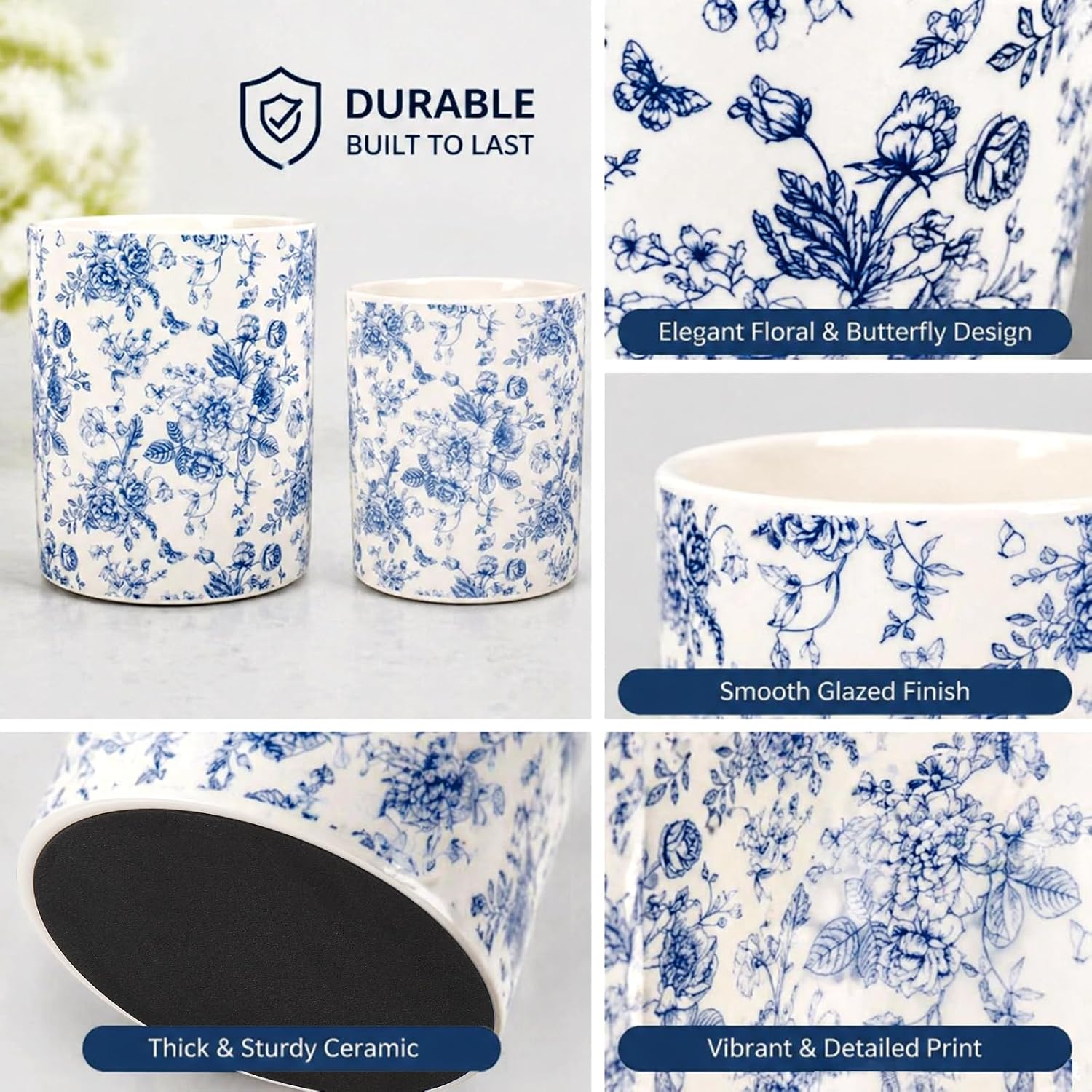 JarThenaAMCS 2Pcs Chinoiserie Floral Ceramic Utensil Holder Vintage Blue Flower Butterfly Utensil Crock for Home Kitchen Countertop Storage Organizer Container