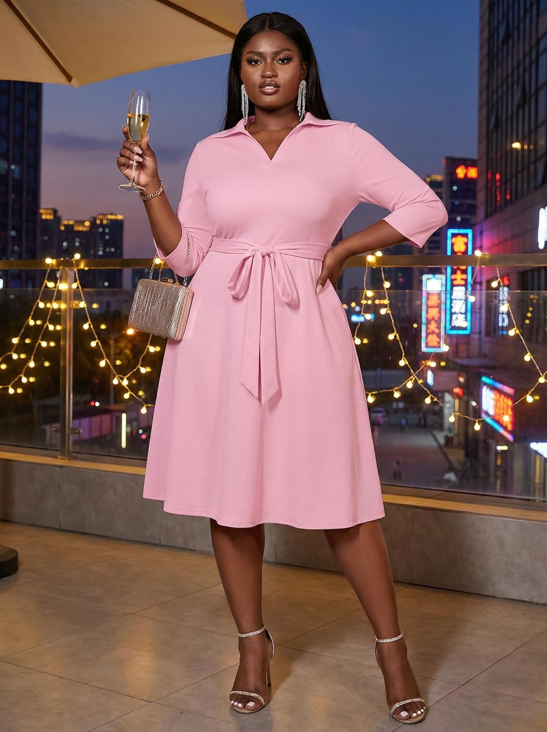 FANDEE Plus Size Midi Dress for Women - Printing Summer Dresses for Wedding Guest Cocktail Party 3/4 Sleeve V Neck（L-5XL）