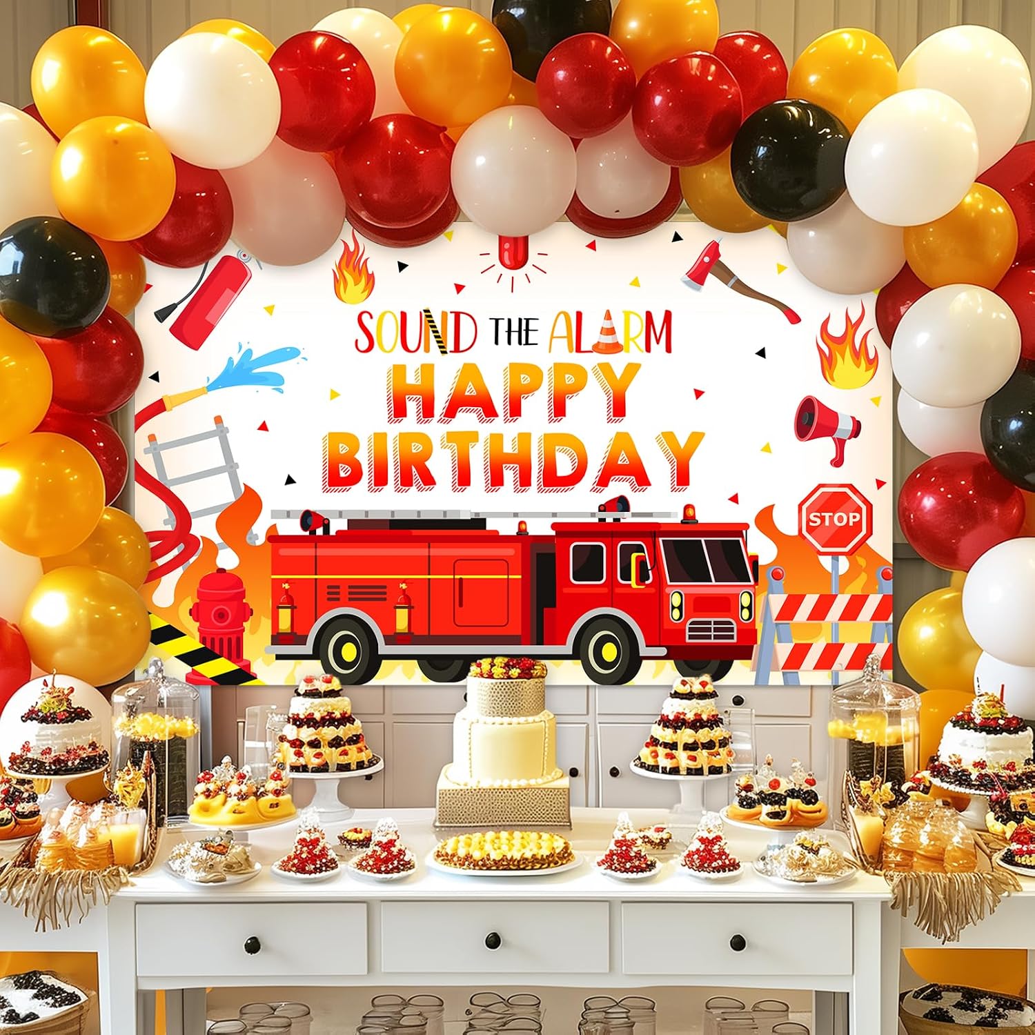 Avezano Firetruck Birthday Party Banner 6 x 3.6 ft Fire Truck Theme Birthday Decorations for Kids Firefighter Red Bday Photo Booth Cake Table Decor