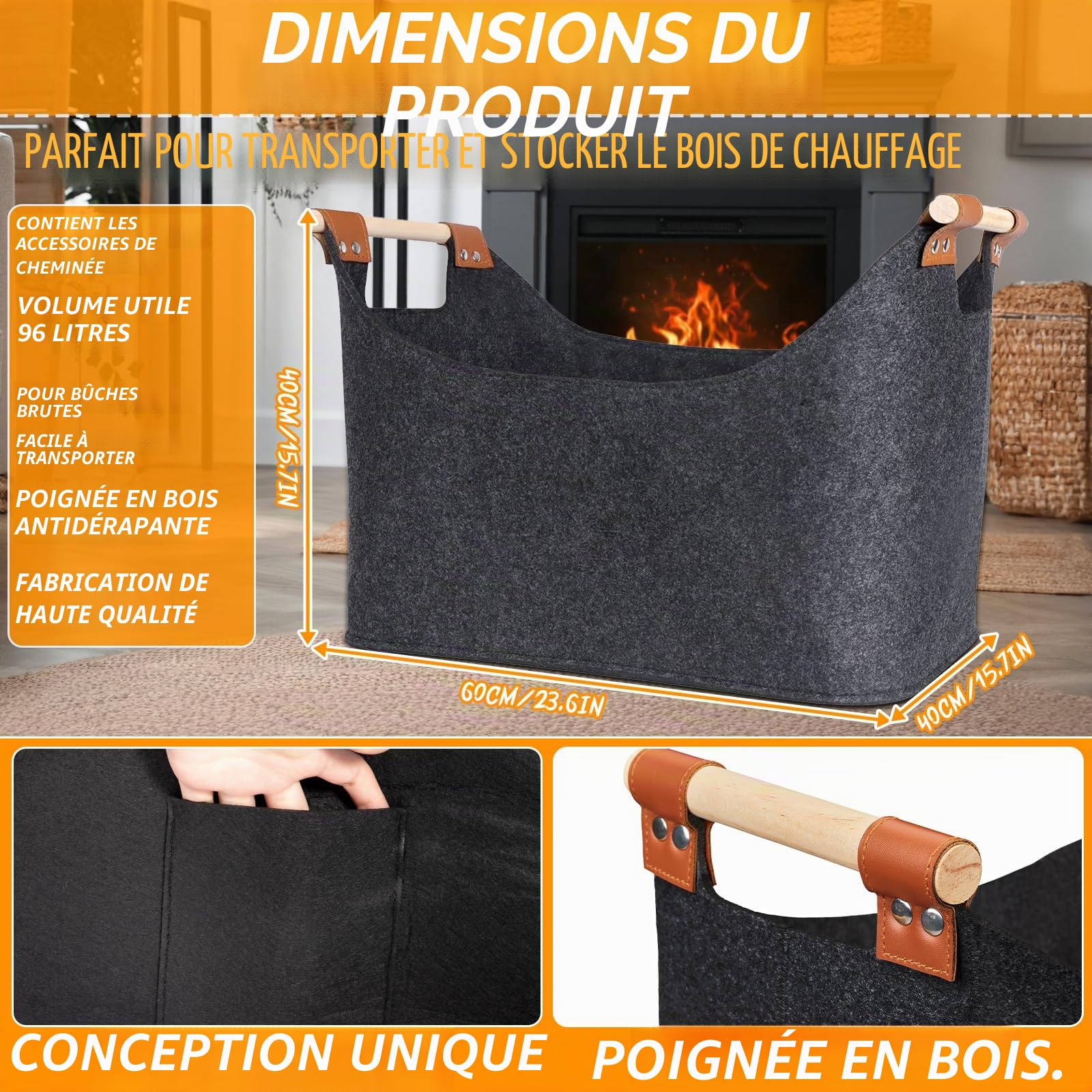 Panier à Bûches Pliable 60x40xcm avec Poignée et Poches Latérales