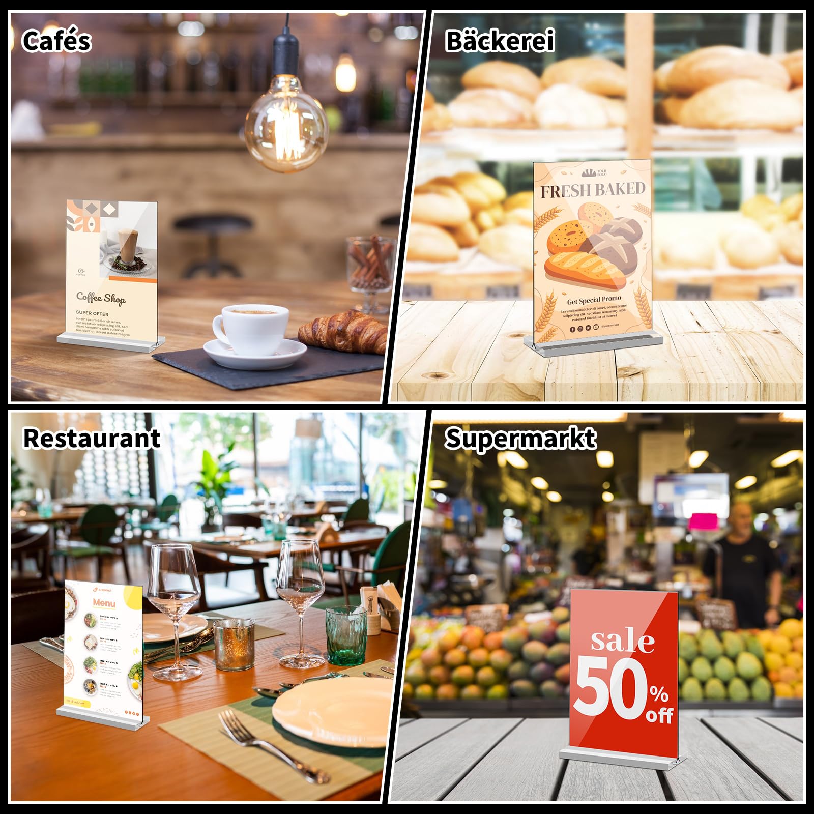 Yoosso Stojak A6, 4 sztuki, tabliczki z cenami, numery stołów, wesele, uchwyty na karty obiadowe, akrylowe, dobra stabilność, do reklamy, karty menu, na wesele, do kawiarni, restauracji (15 x 10 cm)