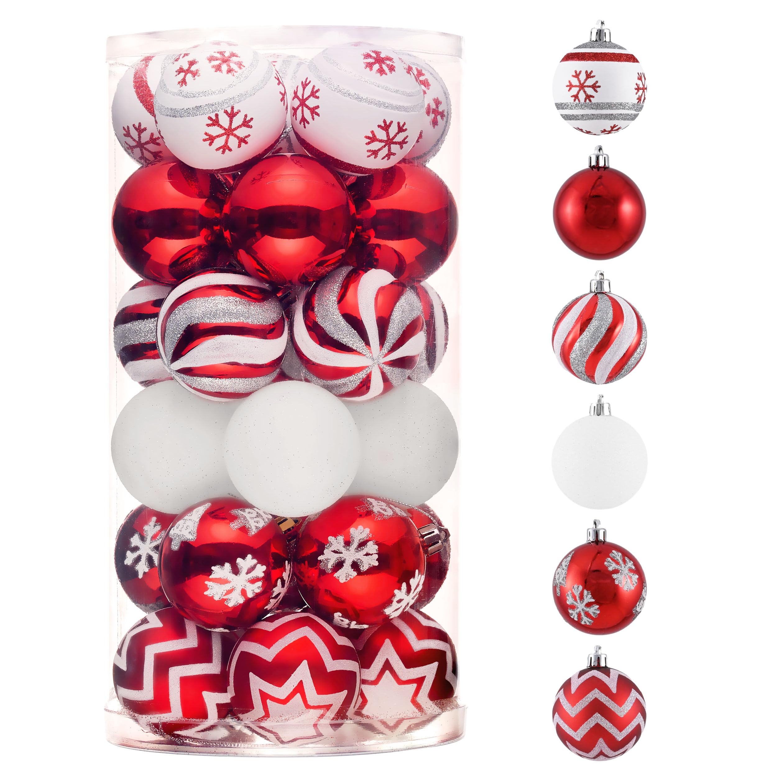 Valery Madelyn Lot de 30 décorations de Noël incassables pour sapin de Noël, rouge et blanc, 6 cm, décorations à suspendre en vrac pour fête de Noël