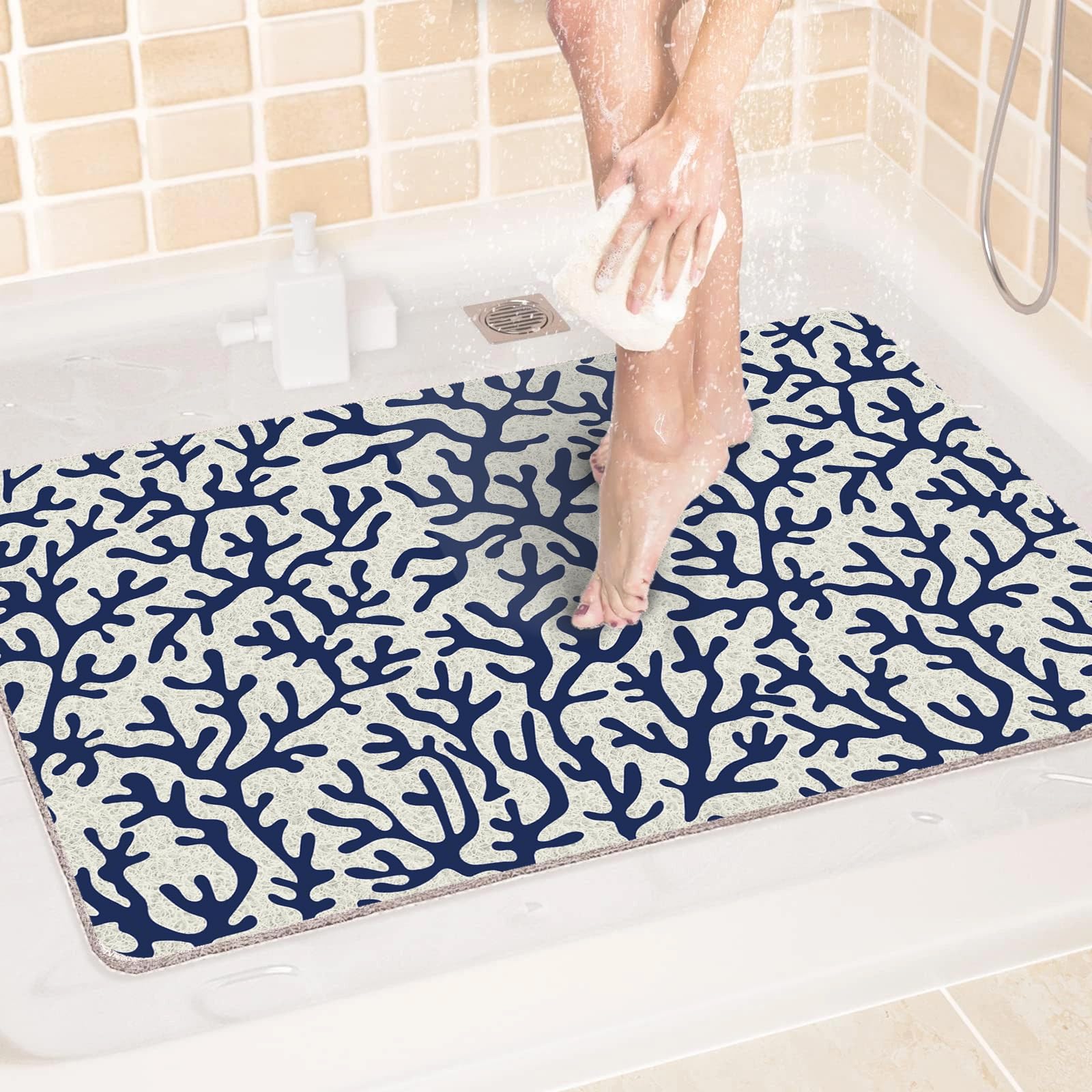 Alfombrilla de ducha antideslizante de 120 x 200 cm con drenaje, almohadillas de baño de lufa suave para ducha interior y zonas húmedas, impresión lavable de secado rápido, almohadilla de bañera