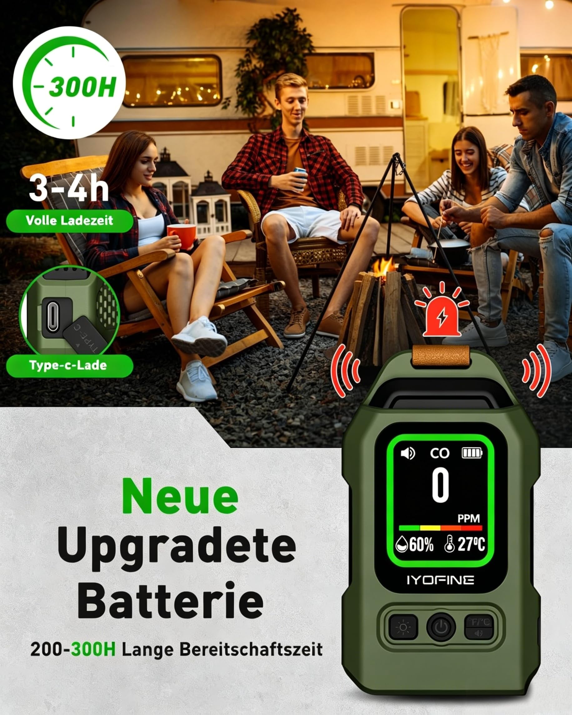 Tragbarer Kohlenmonoxidmelder mit 300 Stunden Akkulaufzeit, Thermo-Hygrometer, Alarm und Notleuchte – perfekt für Camping und Reisen
