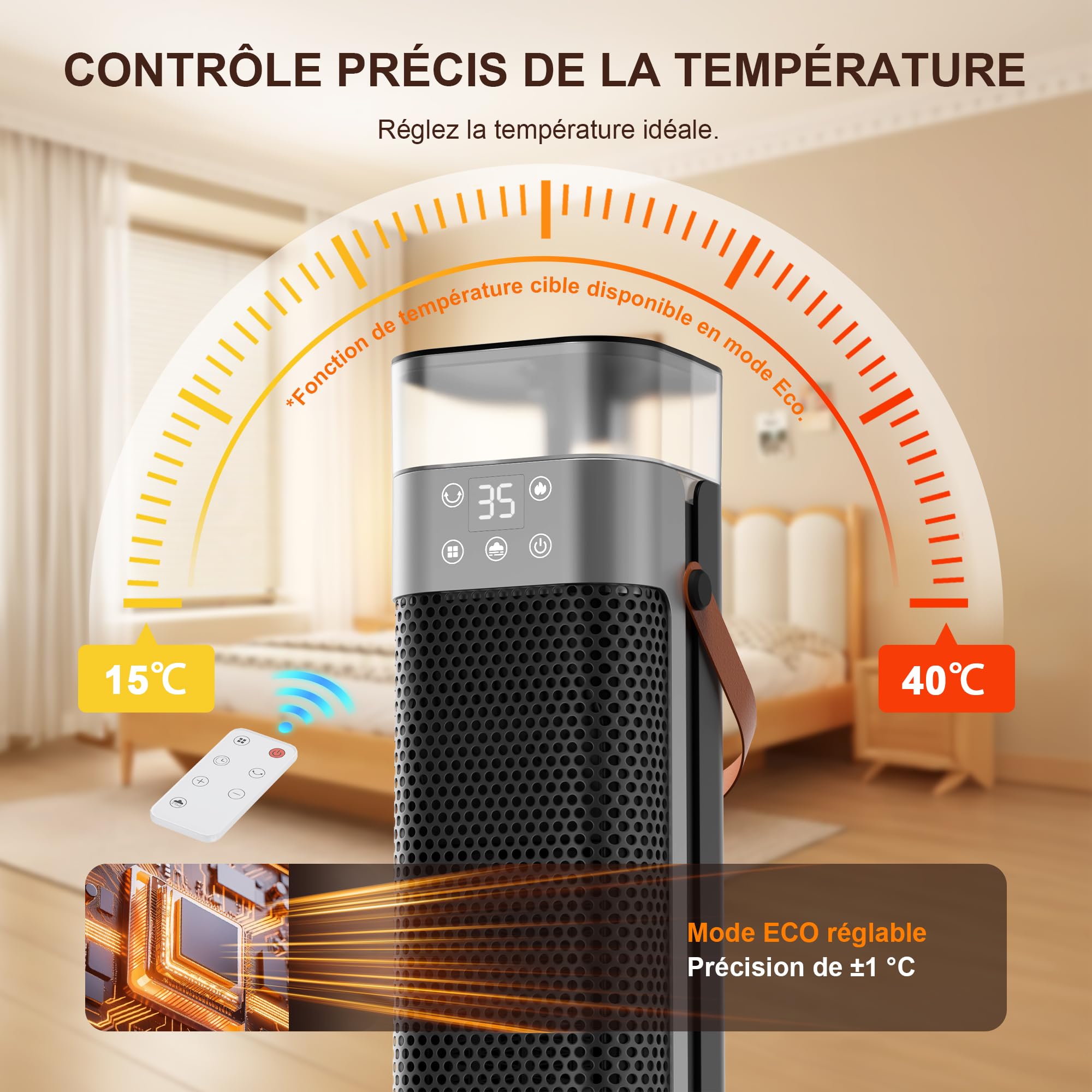 Chauffage électrique à faible consommation 2000 W PTC avec humidification, télécommande, 75 ° oscillation, 3 éclairage ambiant, ECO, minuterie 12H, protection contre la surchauffe et le basculement