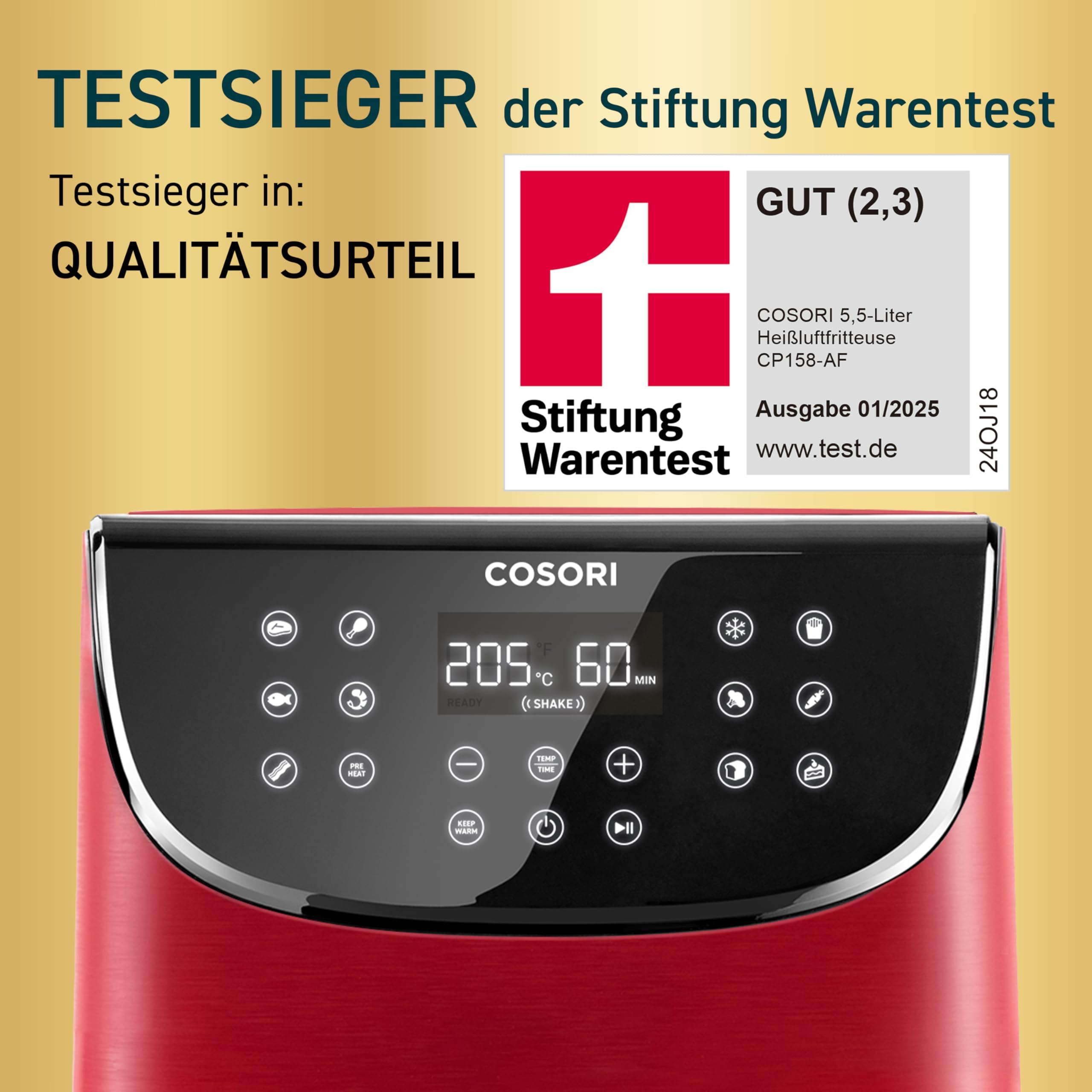 COSORI Heißluftfritteuse, Airfryer Testsieger 2024, 11-in-1 Air Fryer XXL 5,5L, Heissluftfritteuse mit Shake-Reminder, 97,3 Prozent ölsparend, 67,5 Prozent energiesparend, spülmaschinenfest Körbe, Rot