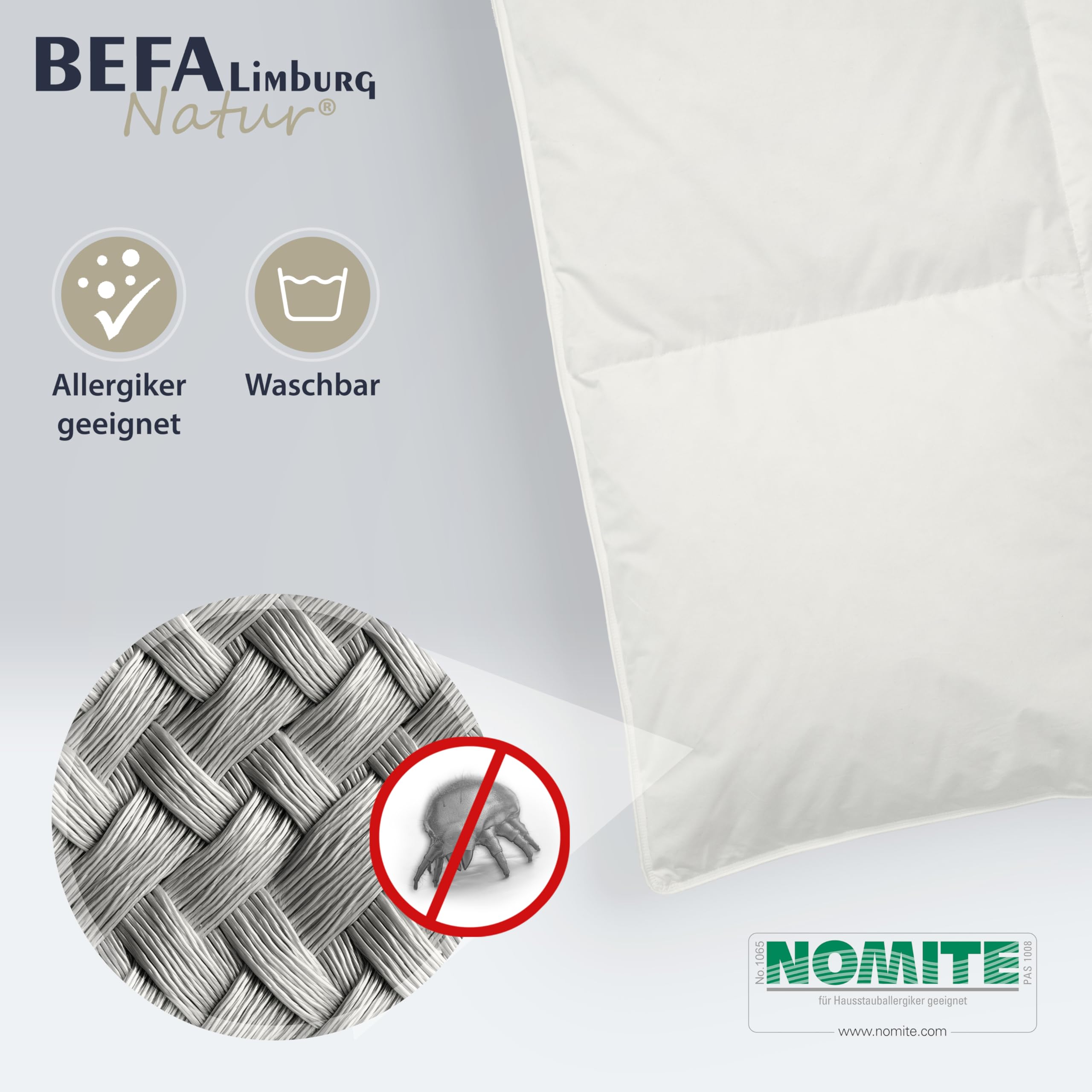 Surmatelas BEFA NATUR En Duvet - 160x200cm, 85% Plumes 15% Duvet, Hypoallergénique Nomite - Fabriqué En Allemagne