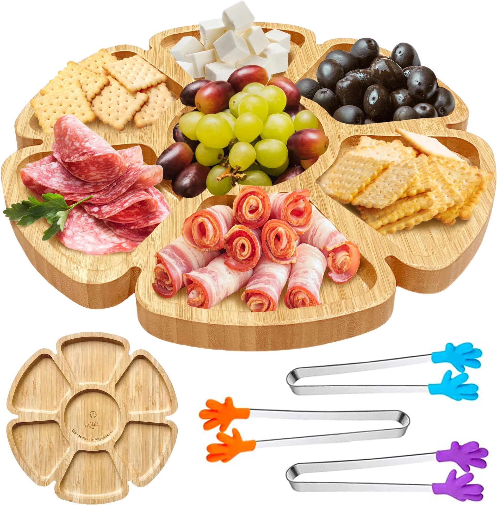 Appetizer Serviang Tray - 360°Rotating Divided Serving Platter - Perfect Snack Tray For Picnics - Natural Bamboo Tray - Includes 3 Cute Mini Tongs