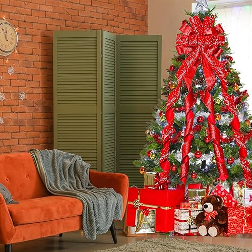 Vista 22 de Decoración para árbol de Navidad, lazo de corona de Navidad, 45 x 12 pulgadas, arpillera grande con borde de poliéster blanco y rojo, lazo de regalo