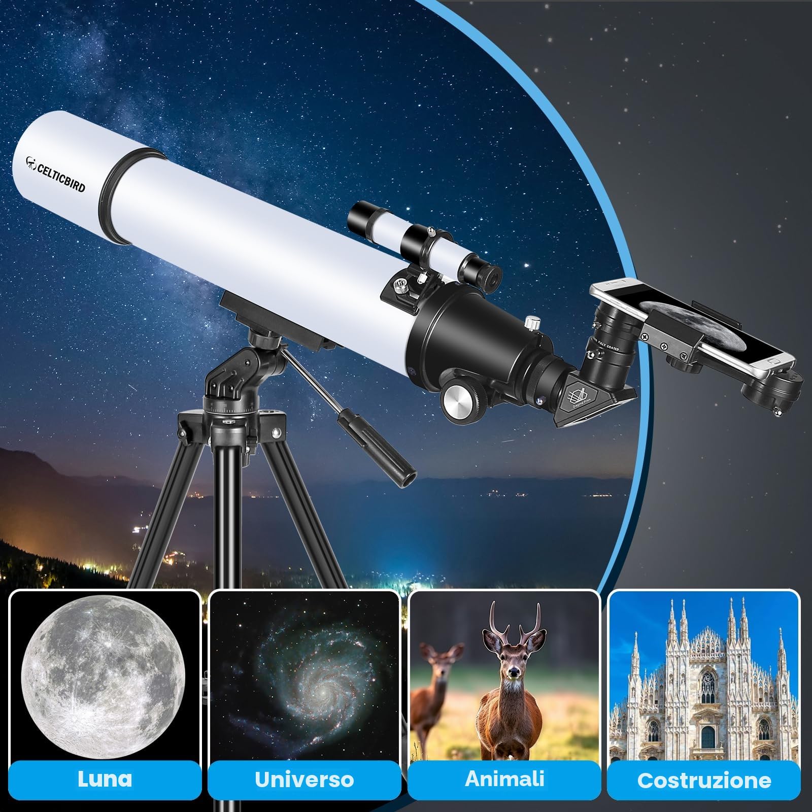 CELTICBIRD Telescopio per adulti ad alta potenza, telescopi da viaggio per adulti, regali per principianti di astronomia, telescopio rifrattore 900 con apertura da 80 mm con attacco AZ