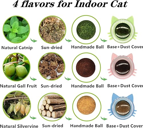 Miniatura 6 de GREMBEB 4 juguetes de hierba gatera para gatos, juguetes para gatos, 4 sabores, bola de vid plateada en la pared, golosinas masticables para limpiar