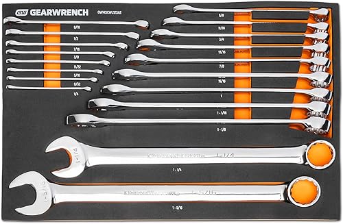 GEARWRENCH Juego de llaves SAE combinadas de patrón largo de 19 piezas de 12 puntos en bandeja de almacenamiento de espuma - GWMSCWL12SAE