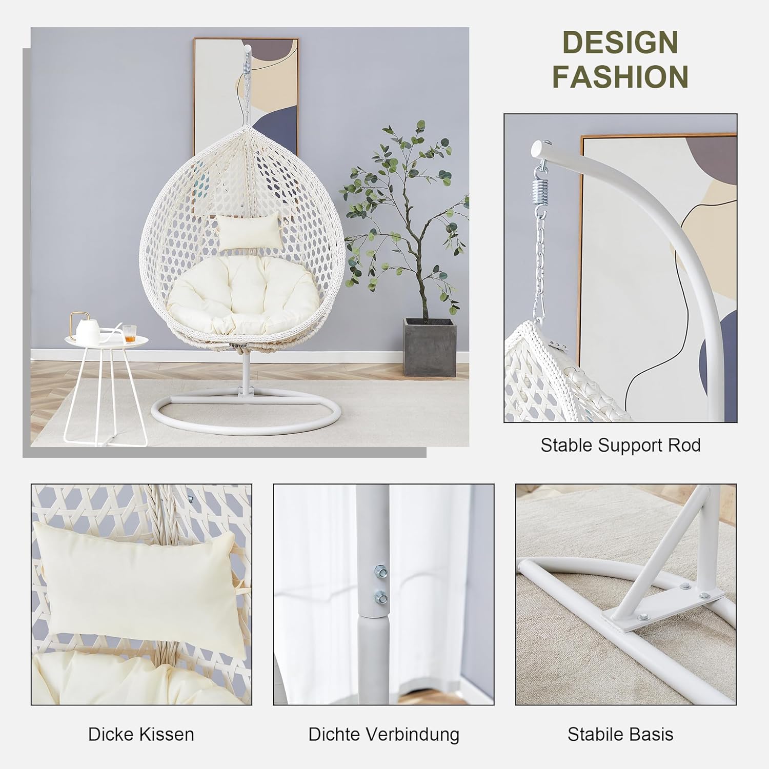 JUFU White Egg Chair with Stand, Indoor Outdoor Hanging Swing Chair with Thick Cushion and Pillow, 350 lb Capacity Wicker Patio Chair for Balcony, Bedroom, Porch, Sunroom