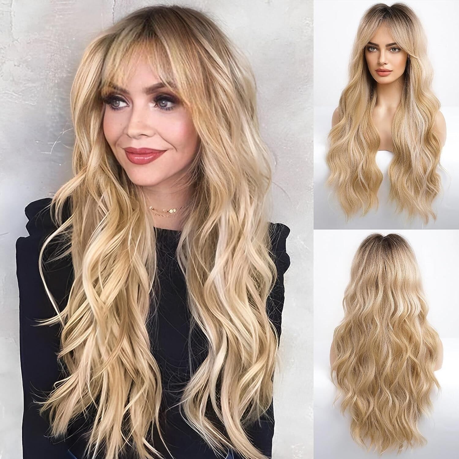 HAIRCUBE Blonde Long Curly Wig with Bangs Dark Root Highlight Natural Look Heat Resistant Synthetic Wig Suitable for Fashionable Women 25 Inches