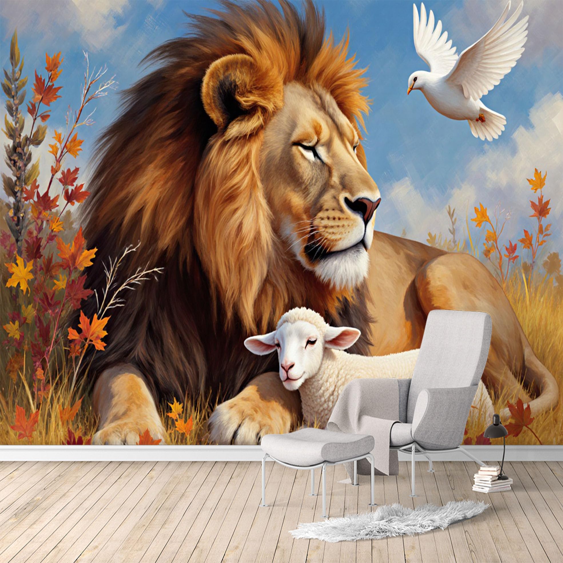 Custom Size Wall Murals, Lion and Lamb Peaceful Scene with Dove, SelfAdhesive Water Activated Removable Wall Covering, Large Photo Wallpaper for Living Room Bedroom Office