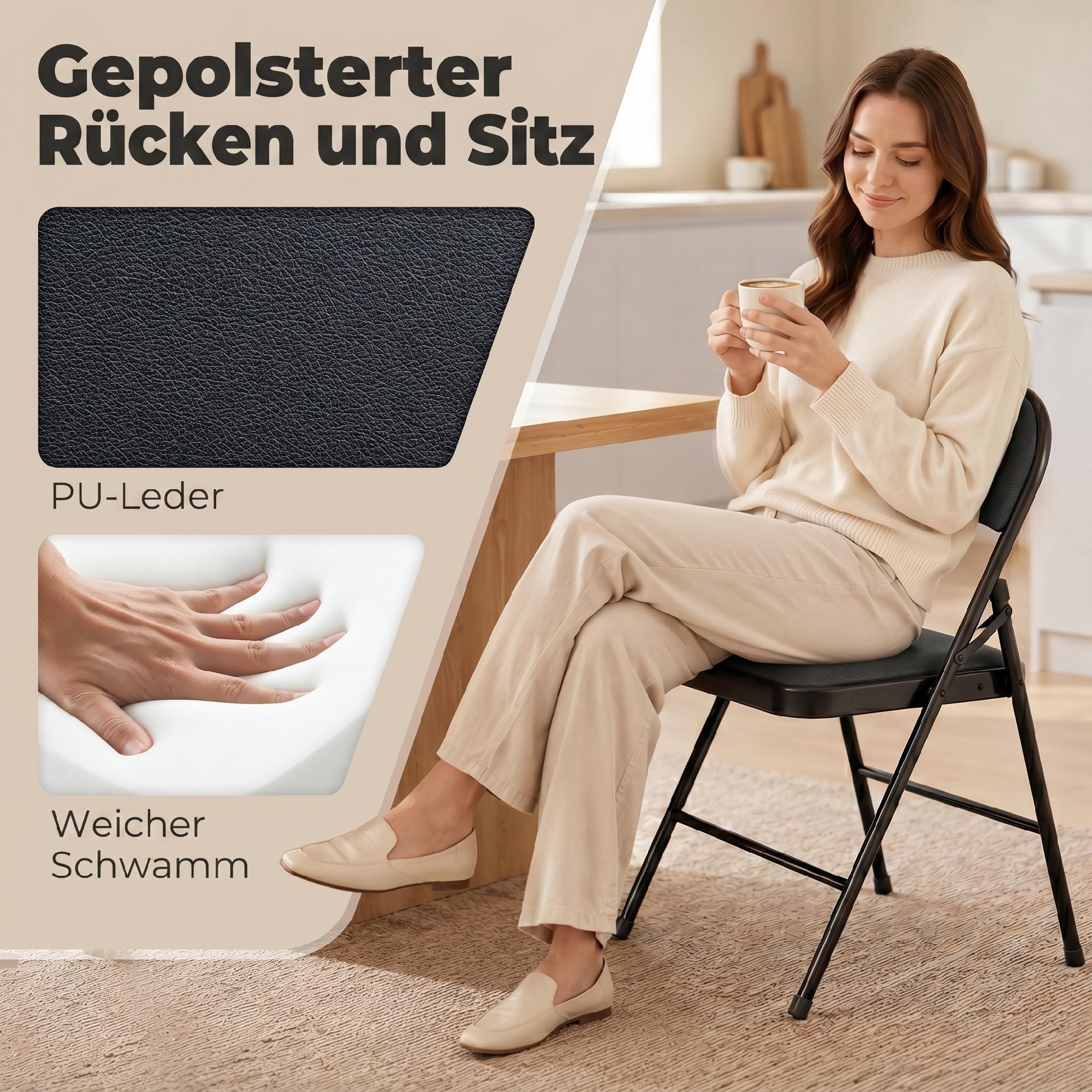 HOMCOM Lot de 4 chaises Pliantes chaises de Salle à Manger Portables Chaise Pliable d'intérieur avec Coussin en revêtement synthétique et Cadre en Acier dim. 45l x 46P x 78H cm Noir