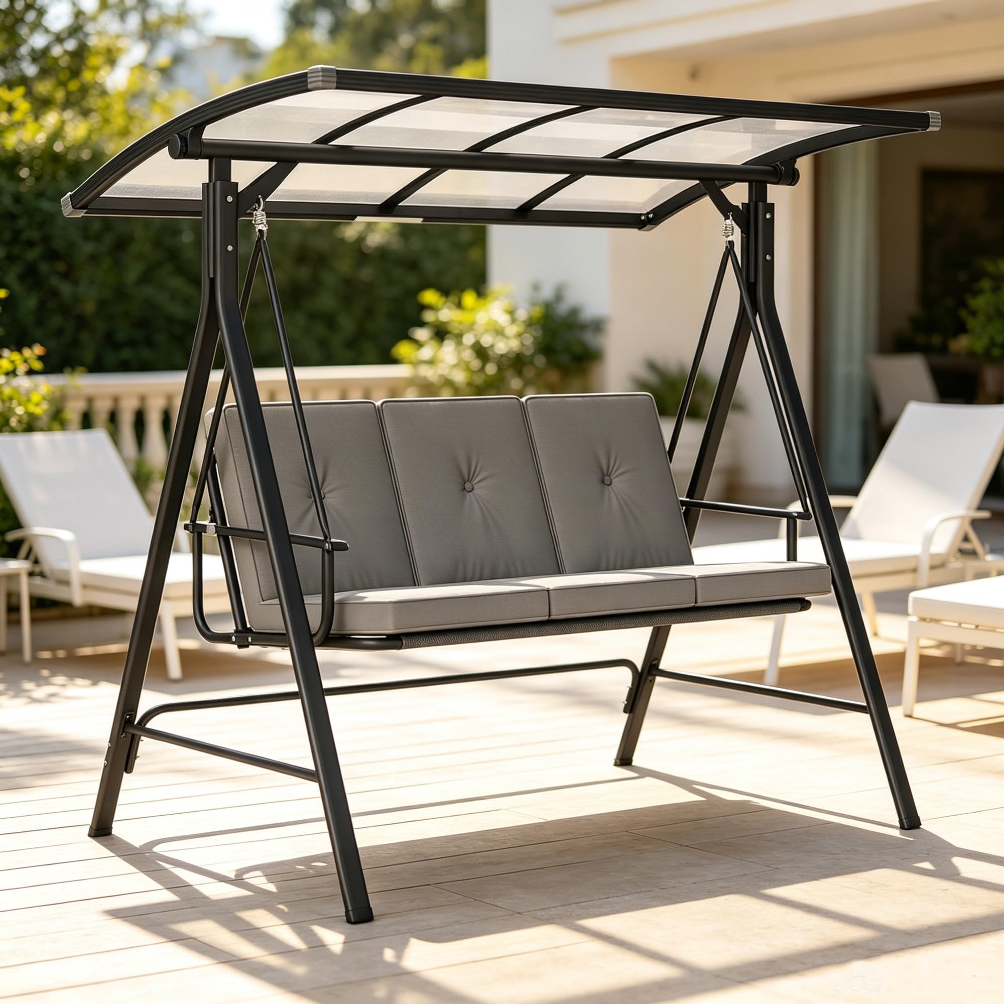 Dondolo da Giardino 3 Posti,Dondolo da Esterno con Tettuccio Parasole Regolabile,Impermeabile, Funzione Inclinabile e Letto, Assemblaggio Semplice, Grigio