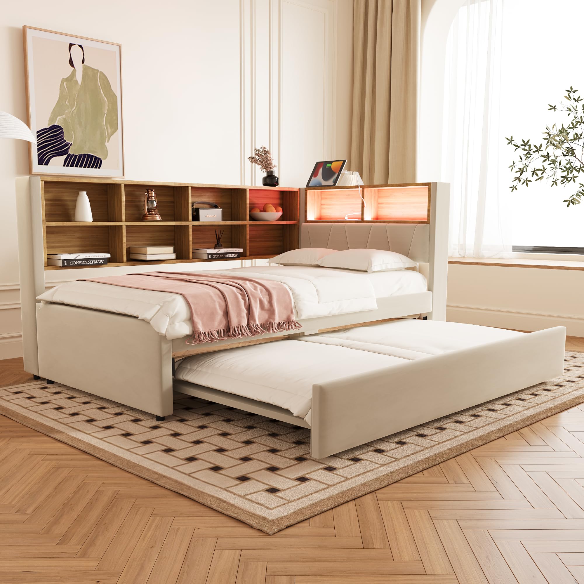 Divano letto 90 x 200 cm, letto estraibile 90 x 190 cm, dotato di LED e numerosi scomparti portaoggetti, letto imbottito, divano letto multifunzione, letto singolo, doppio, flanella (beige