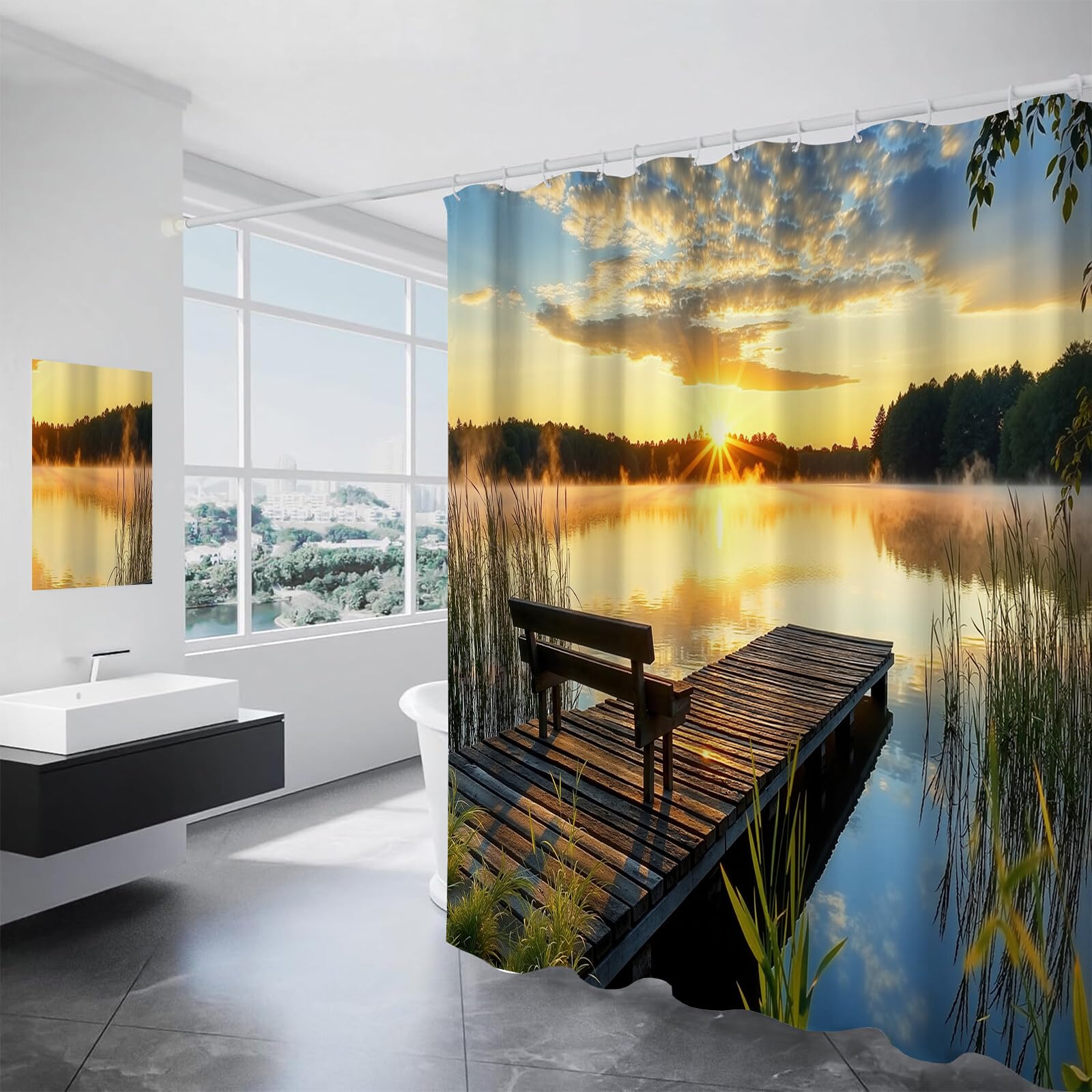 Rideau Douche,Rideau Baignoire Lavable en Machine Rideaux Douche Tissus Lavable Rideau De Baignoire Lavable pour Salle De Bain Domicile Baignoire Famille,Pier Lake,