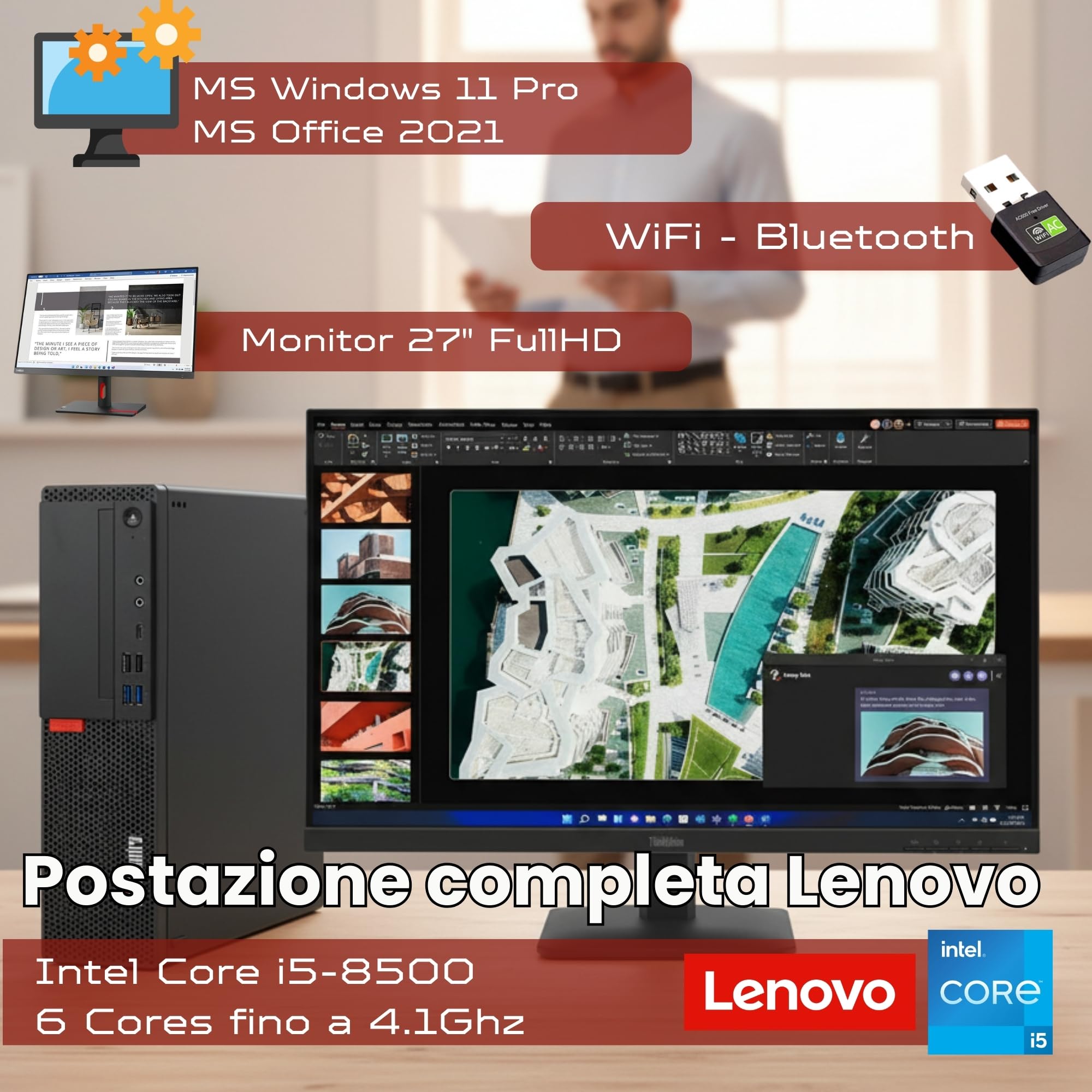 Lenovo PC Computer Completo ThinkCentre Con Monitor 27 Pollici IPS Ultra Slim | Intel Core i5 8500 | DP USBC | 16 GB | 512GB | Win 11 Pro MS Office 2021 Professional Garanzia 36 mesi (Ricondizionato)
