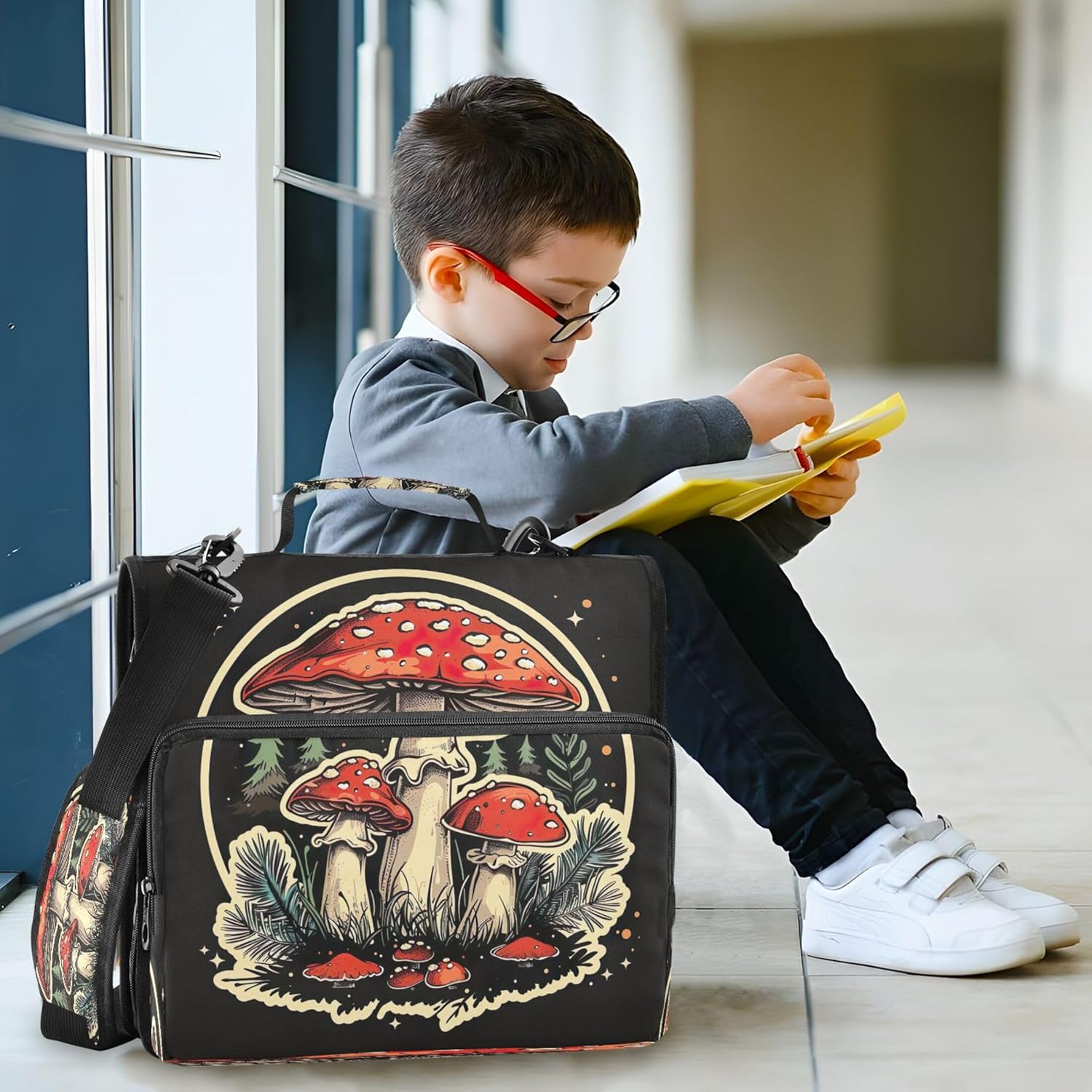 3 Ring Zipper Binder Red Mushroom Binder Organizer Portfolio with File and Shoulder Strap & Handle Large Capacity File Folder