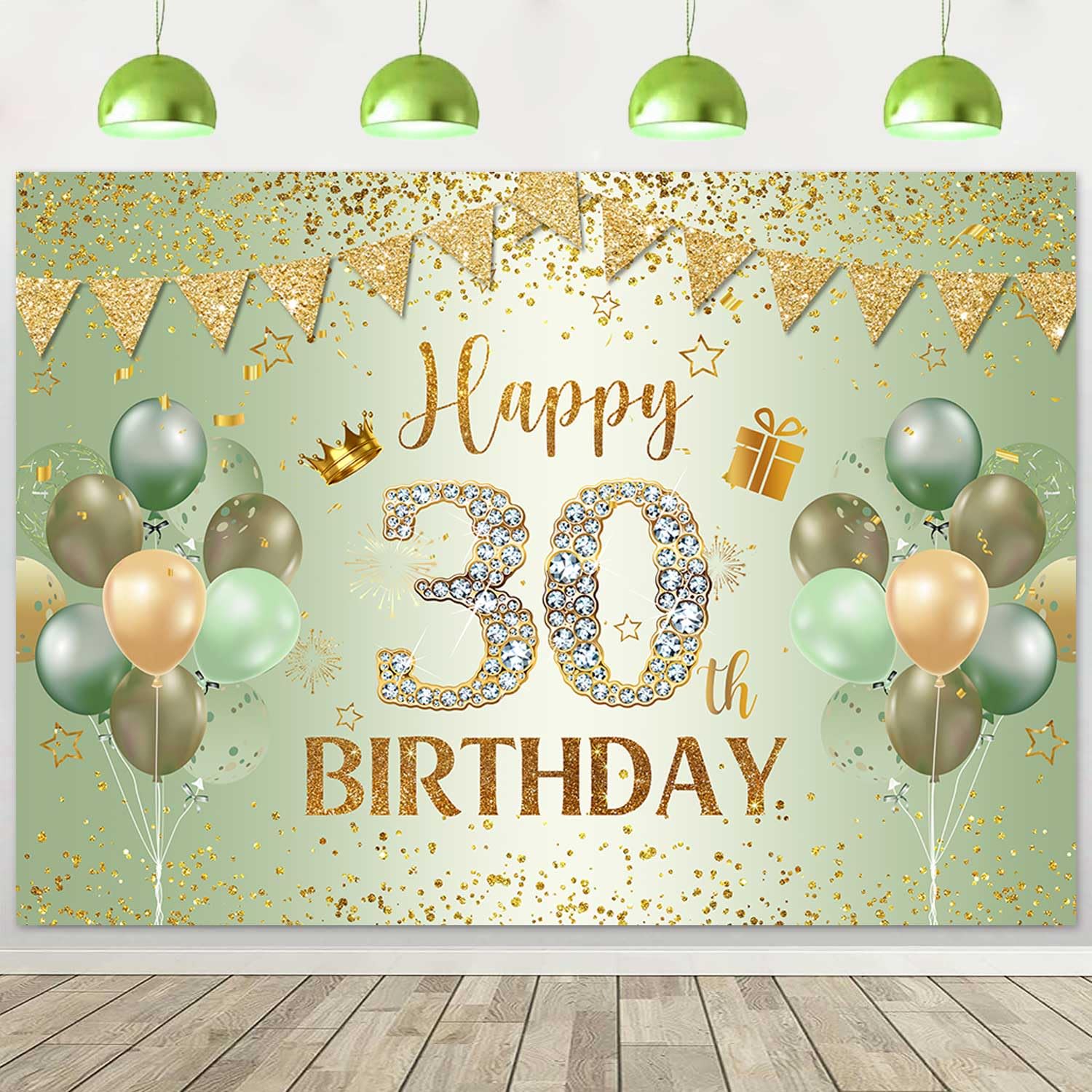 Ayayiya Sage Green 30th Birthday Backdrop for Women Men Thirty Year Old Bday Photography Background Glitter Green Gold 30th Birthday Decorations