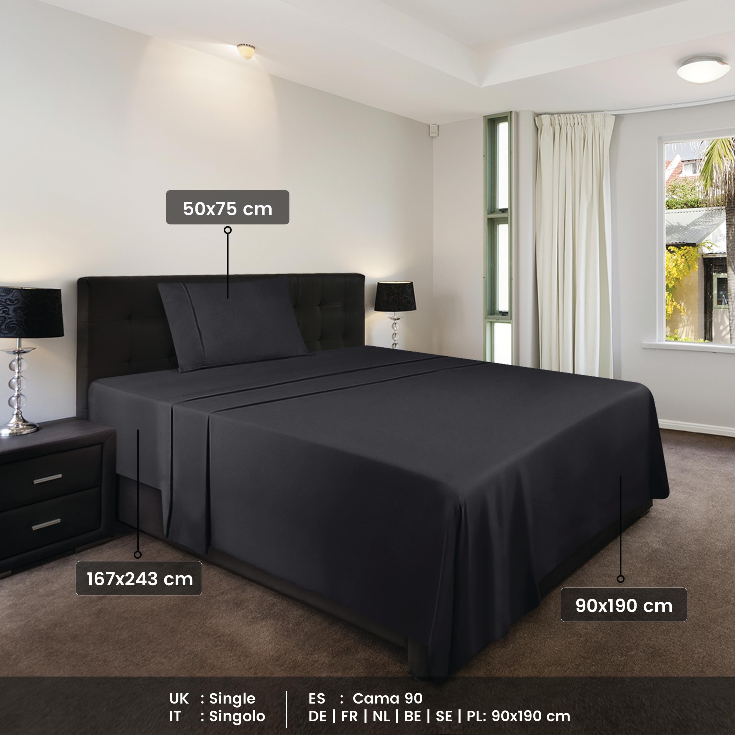 Utopia Bedding - Set Lenzuola Singolo 3 Pezzi 90x190 cm - Set Lenzuola Letto, Spazzolata Poliestre di Microfibra - Lenzuolo con Angoli, Lenzuolo Piatto e 1 Federa 50x75, Nero