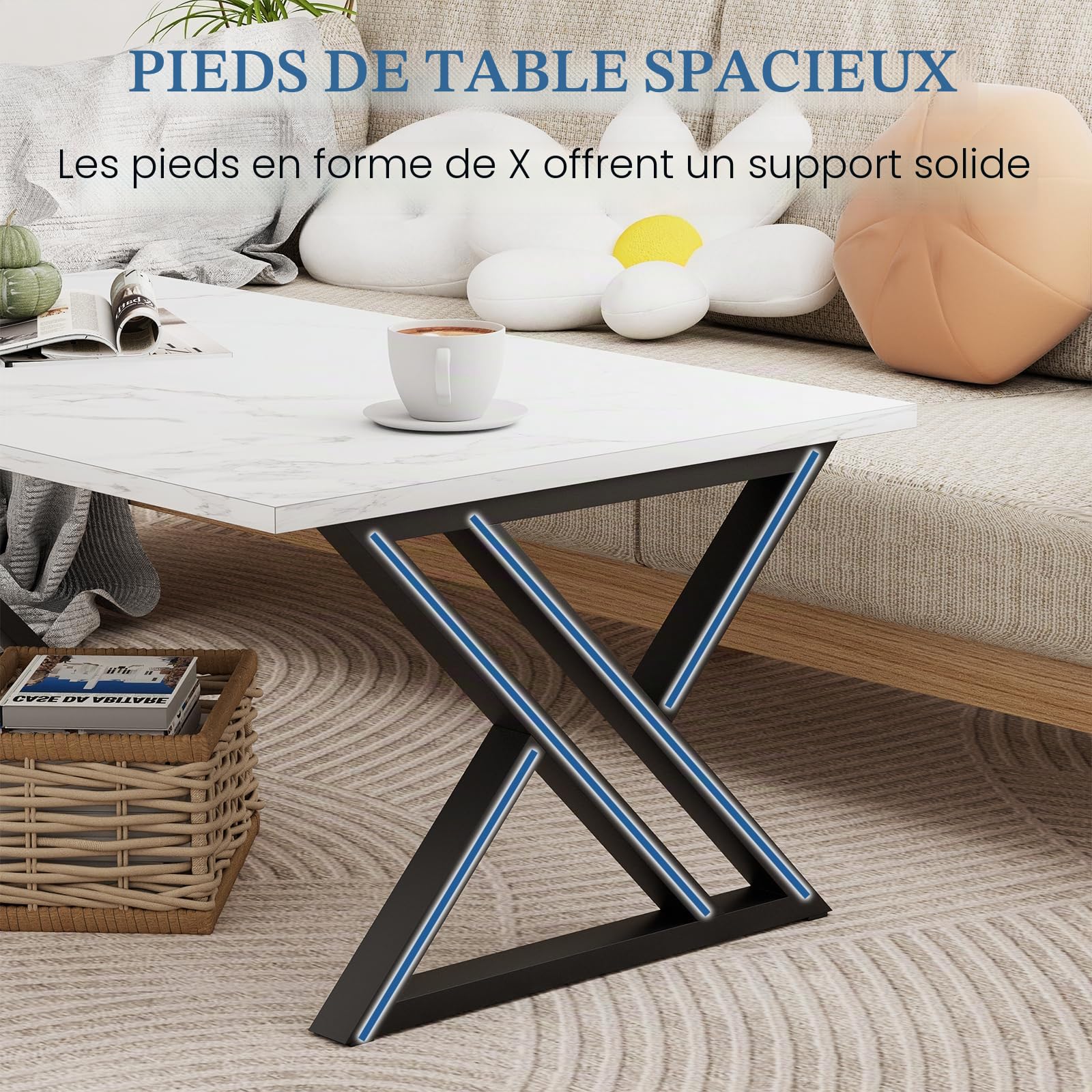 Table basse, table de salon, table basse en bois, table d'appoint pour salon, montage facile, baleines, espace de rangement ouvert, 100 x 48 x 55 cm, marbre blanc et noir