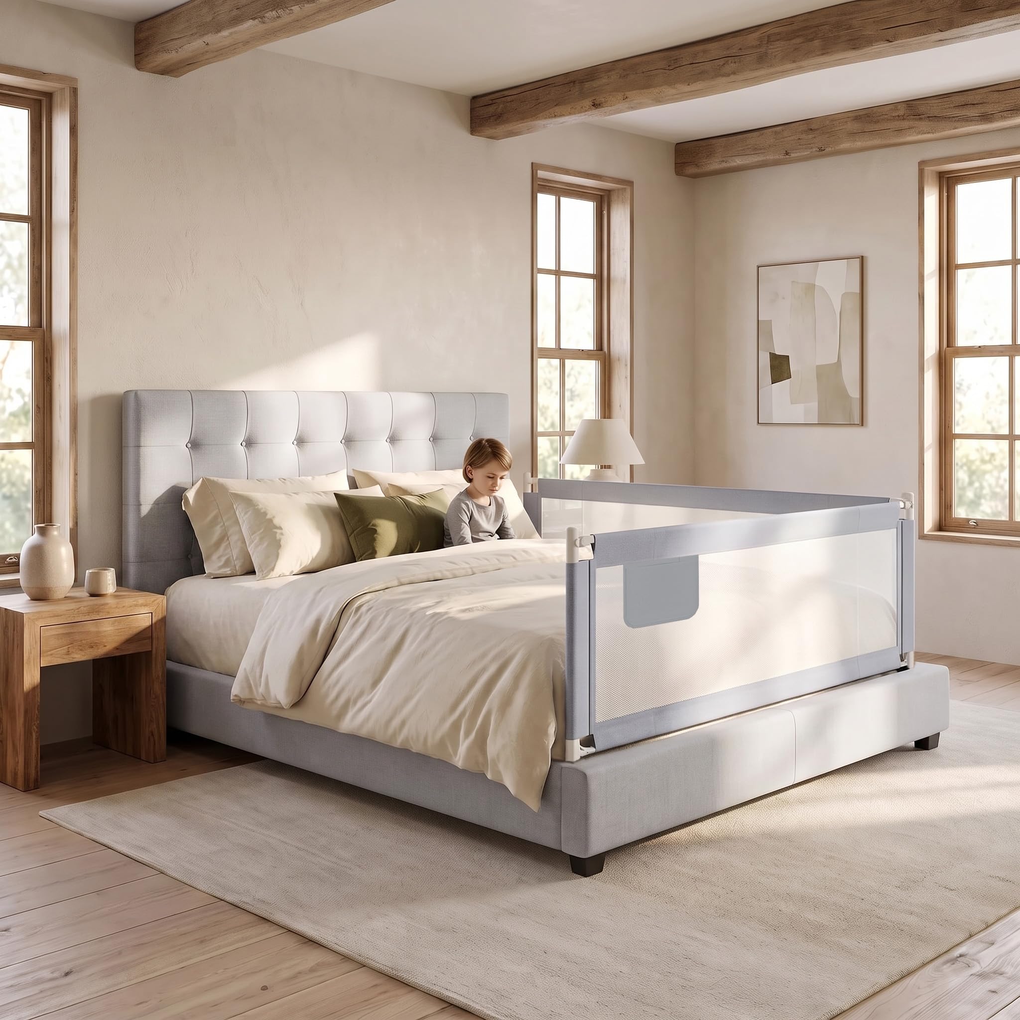Froadp 200cm Barriera per Letto Bambini, Pieghevole Sponda Lettino Regolabile in Altezza con Doppia Chiusura Cintura Fissa e Mesh Taspirante, Portatile Guardrail Adatto per Maggior Letti(Grigio)