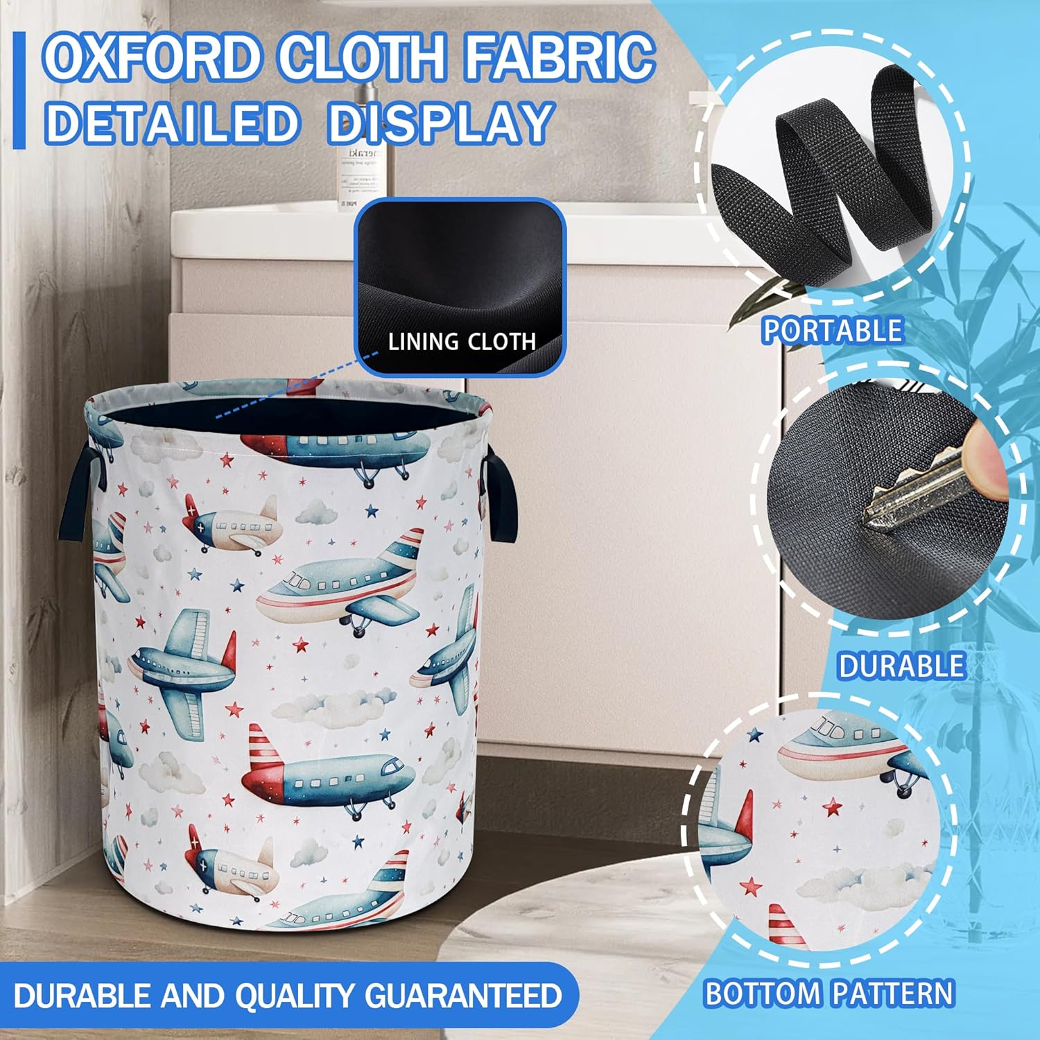 Airplane Laundry Basket Oxford Cloth Aircraft Cartoon Laundry Hamper With Handle Foldable Portable Clothes Storage Basket 18.9 X 16.5 In Storage Bag For Laundry Room/Bathroom/Bedroom/Dormitories