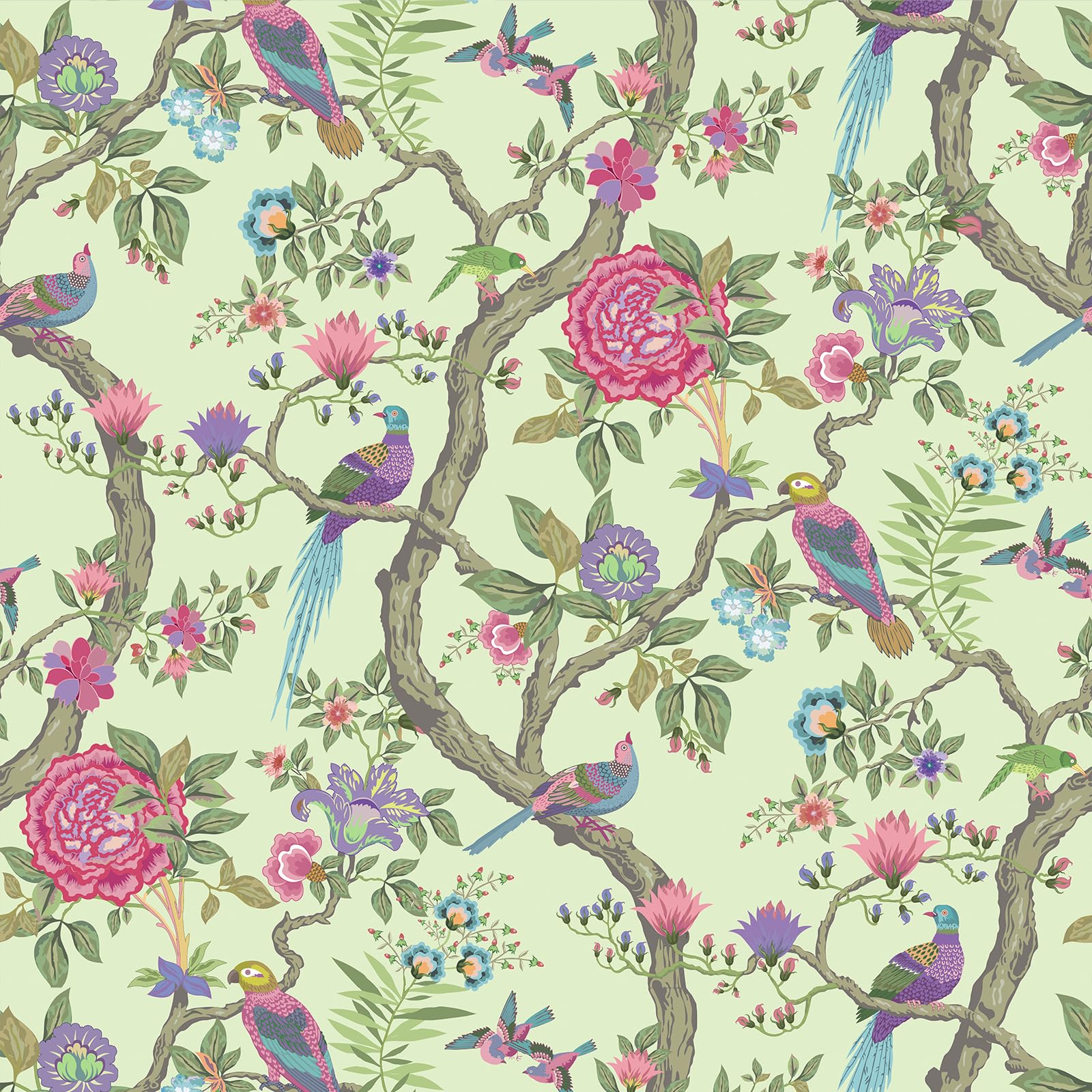 VEELIKE Vintage Bird Wallpaper Peel and Stick Green Chinoiserie Wallpaper for Bedroom Powder Room 17.7''x118'' Removable Floral Wallpaper Prepasted