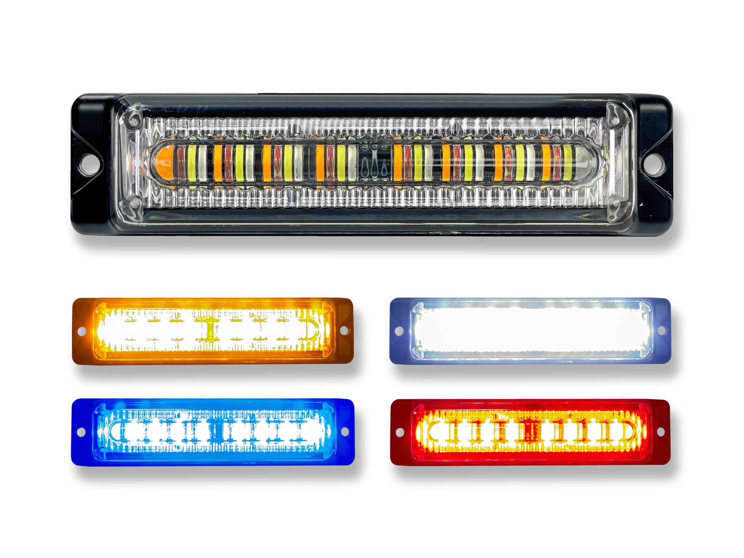 Slim Multi Color [Amber+White+Blue+Red] Surface Mount & Grille Grill Emergency Warning Strobe Police Light Head Internal Flasher Waterproof (Black Housing - AWBR)
