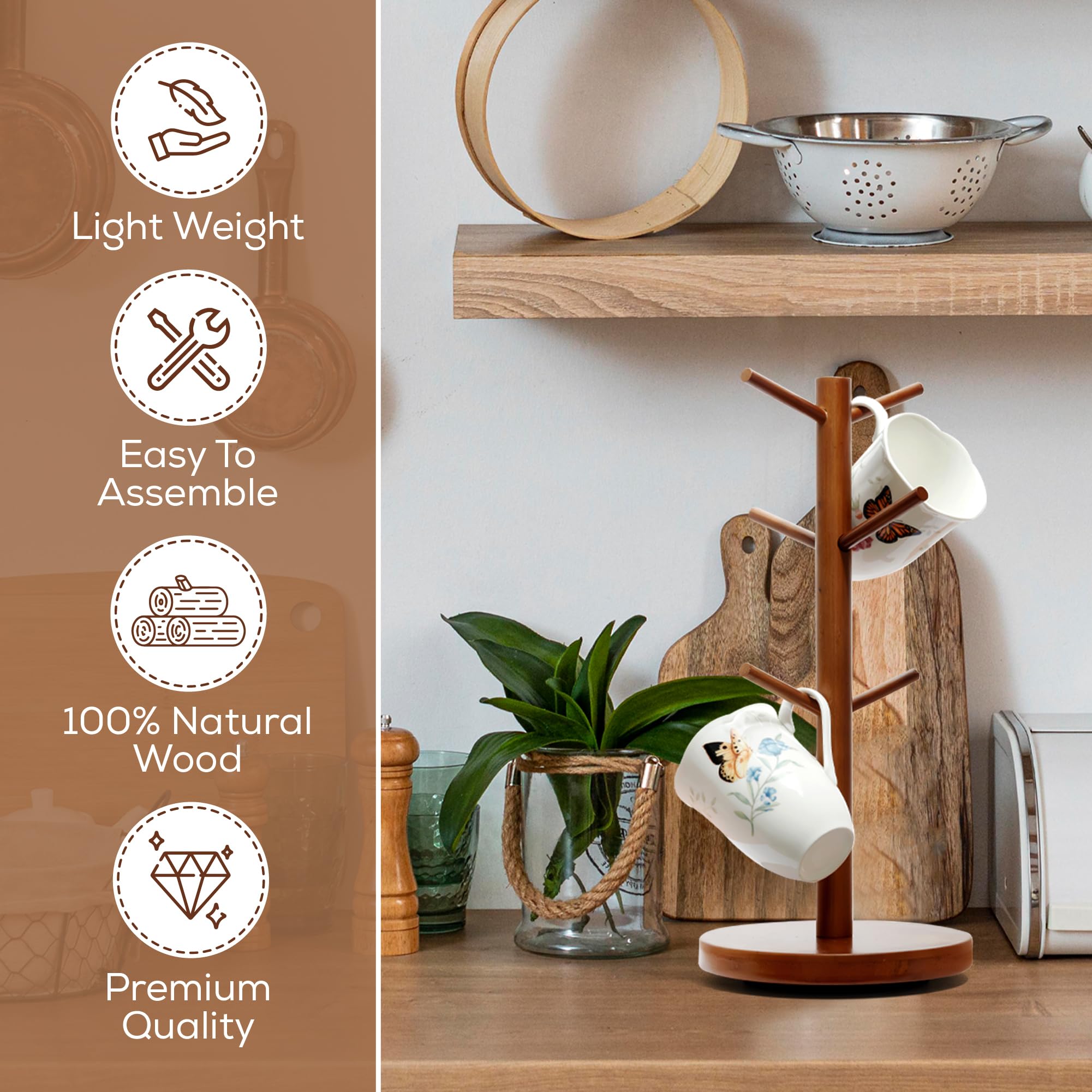 Rotating Wooden Coffee Mug Holder for Counter Top, Sturdy Stand for Large Cups w/Non-Slip Countertop Base & 6 Hooks, Coffee Mug Tree for Counter, Easy-Assembly Stylish Cup Tree Holder for Countertop