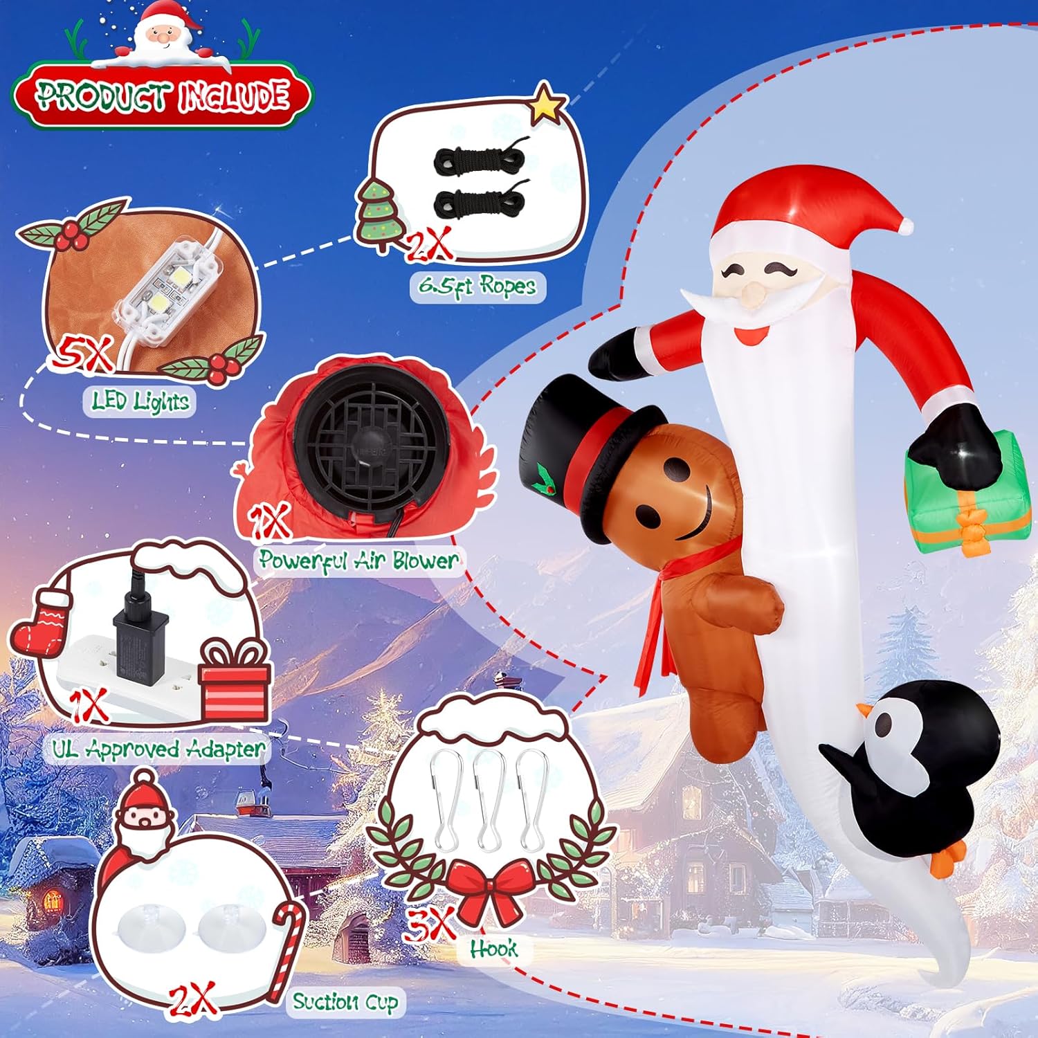 CAMULAND Christmas Inflatables, 6FT/7FT Inflatable Christmas Decorations Snowman Santa Claus with Built-in LED Lights, Outdoor Christmas Decorations Blow-up Decor for Yard, Garden Party (8FT Santa)