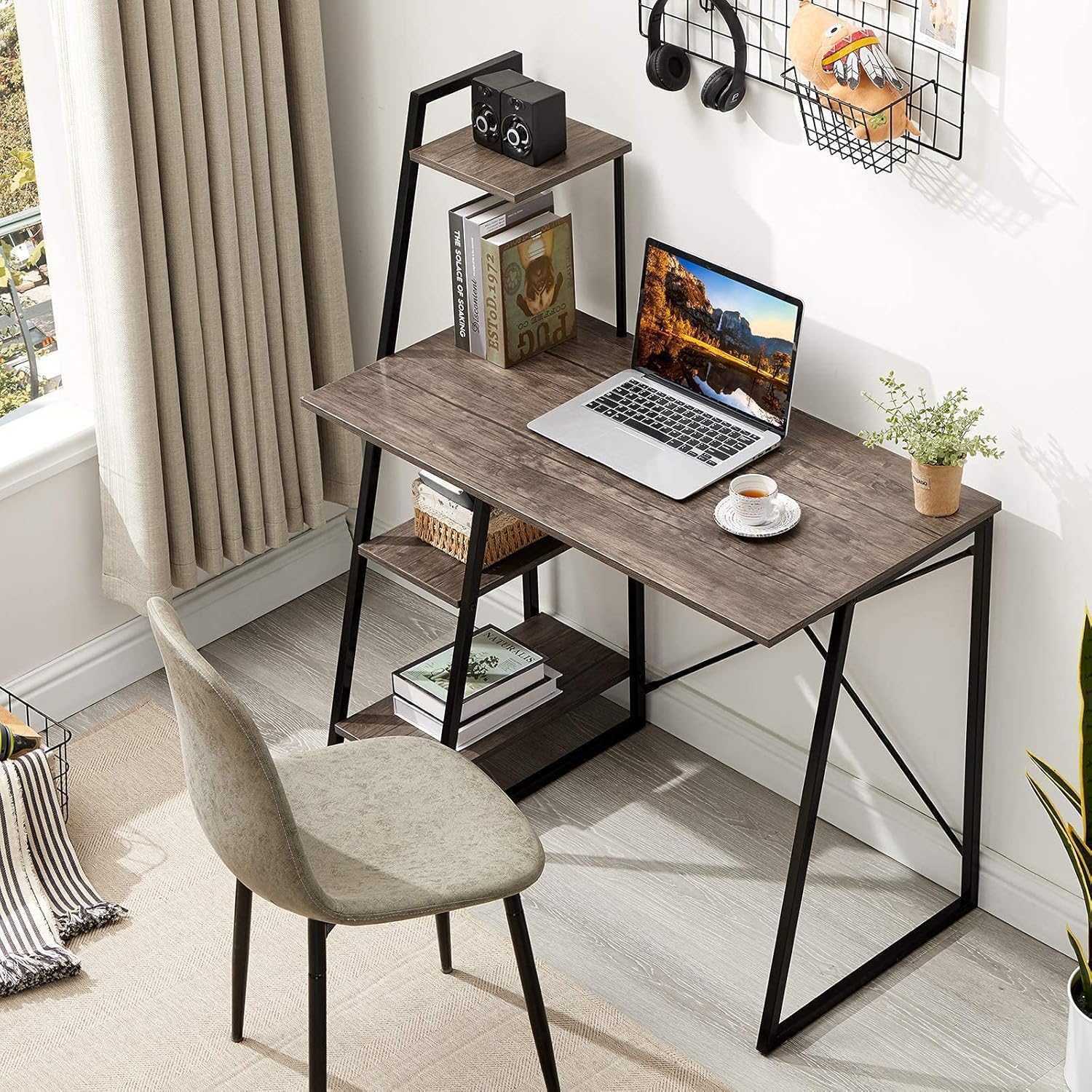 Office Desk Computer-Desk with Shelves 40" Writing Desk with Shelf Small Study Desk with Bookshelf PC Laptop Table for Home Office, Brown : Home & Kitchen