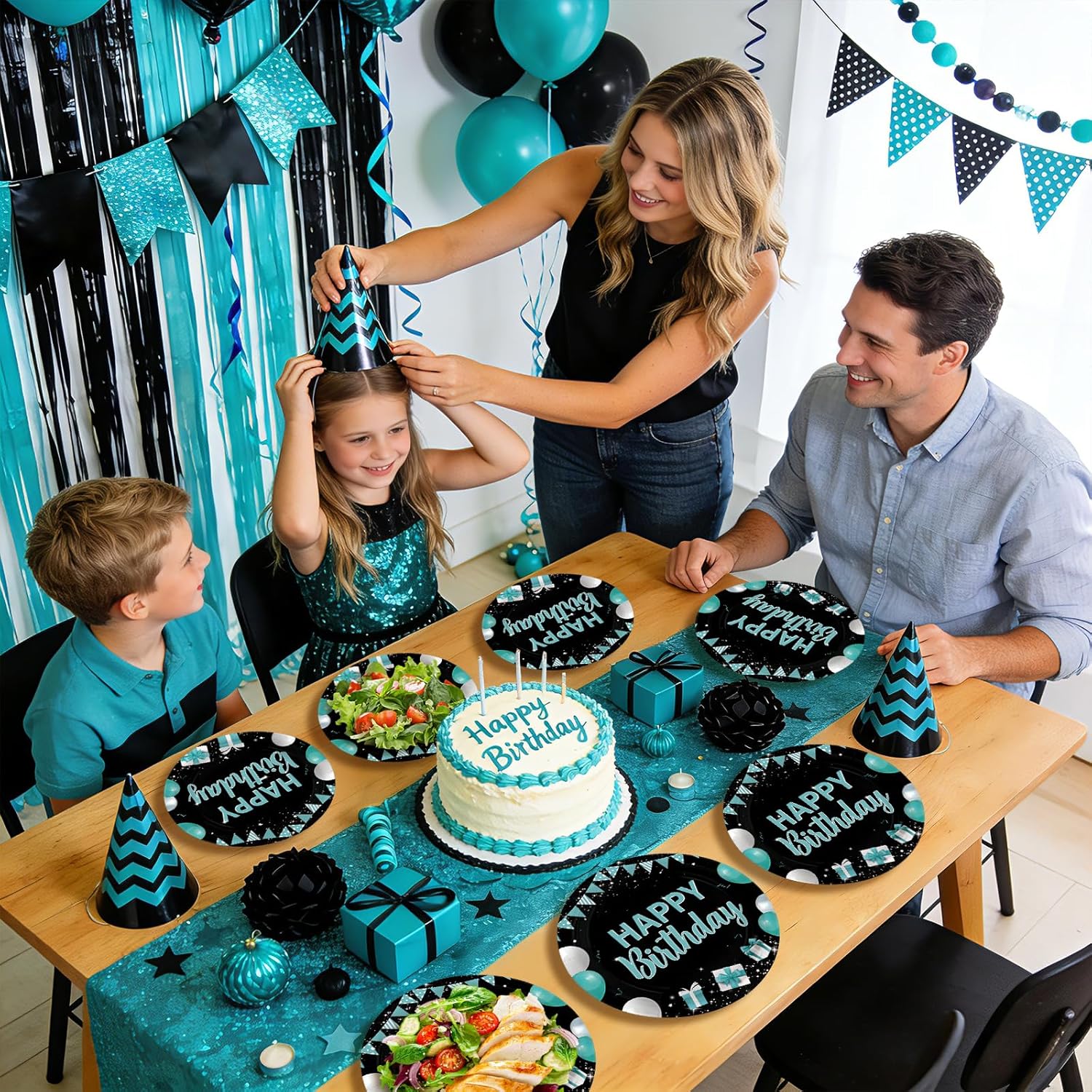 96 Pcs Happy Birthday Party Supplies Teal Blue and Black Decorations 350 GSM Disposable Turquoise Birthday Party Plates and Napkins Set Teal Blue Black Decorations for Kids Adults Serves 24