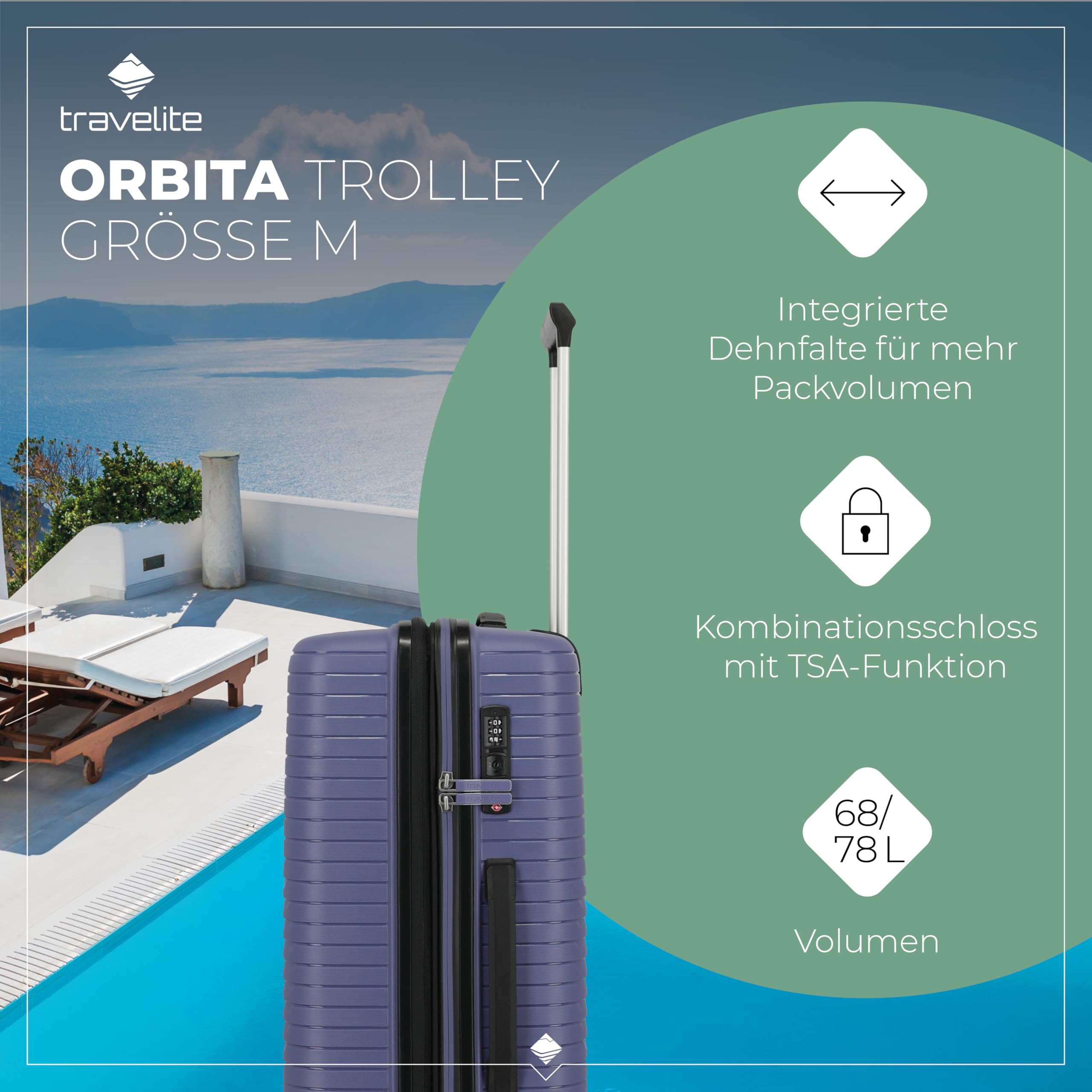 Travelite Hartschalen Koffer mittelgroß erweiterbar, 4 Rollen, ORBITA, Trolley mit bruchsicherer Schale und praktischer Inneneinteilung, TSA Schloss, 67 cm, 68-78 Liter