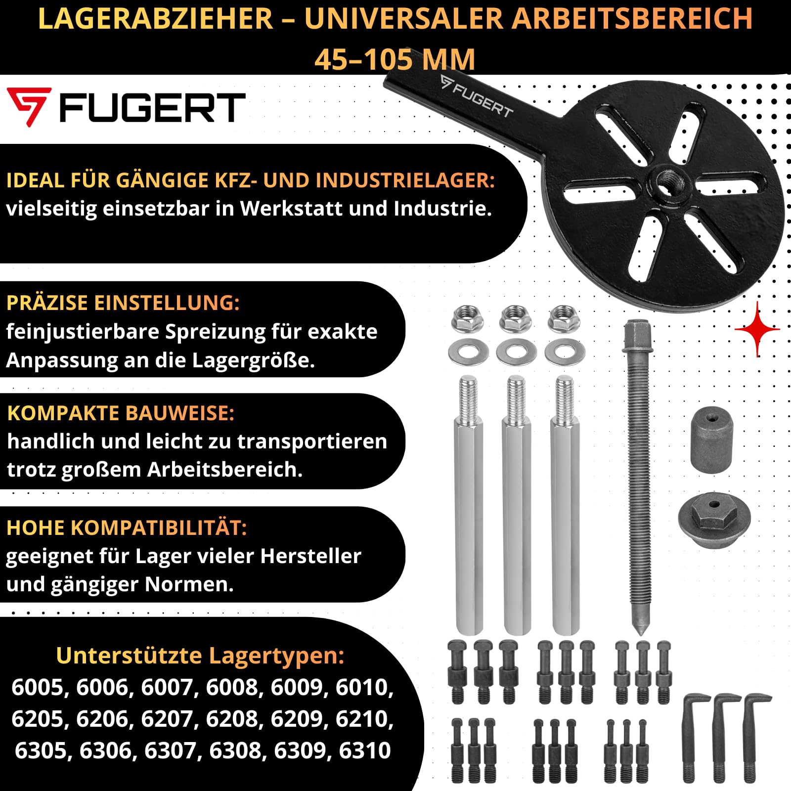 Lagerabzieher Set, Kugellager Abzieher & Innenlager Abzieher, stabiler 3-Arm Innenabzieher Werkzeug zum schonenden Entfernen festsitzender Lager, universal für Werkstatt, 45–105 mm, 21-tlg.
